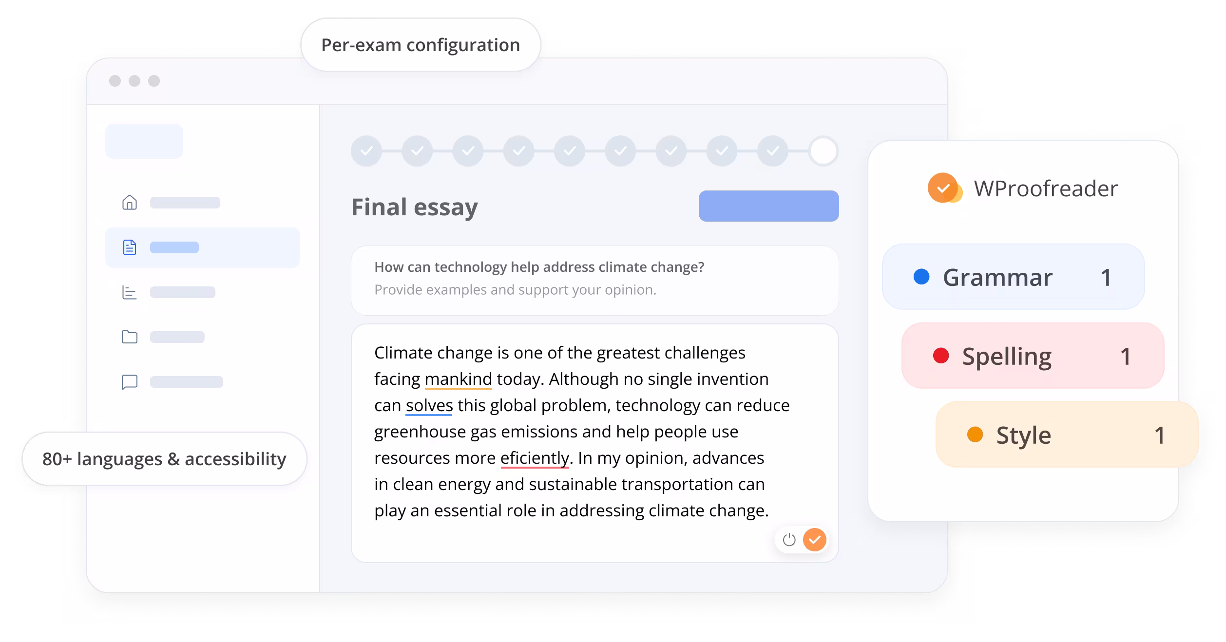 Screenshot of a proofreading tool interface during a 'Final essay' stage titled 'How can technology help address climate change?' The tool highlights text corrections for grammar, spelling, and style with one issue each. It supports over 80 languages, offers smart language autodetection, and allows users to accept suggested corrections by hovering over highlighted words and phrases.