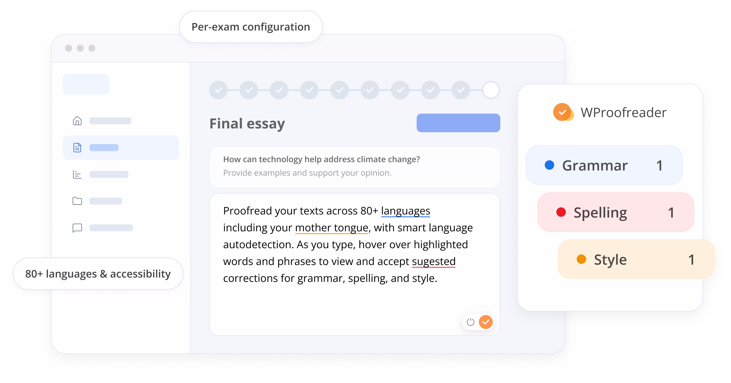 Screenshot of a proofreading tool interface during a 'Final essay' stage titled 'How can technology help address climate change?' The tool highlights text corrections for grammar, spelling, and style with one issue each. It supports over 80 languages, offers smart language autodetection, and allows users to accept suggested corrections by hovering over highlighted words and phrases.
