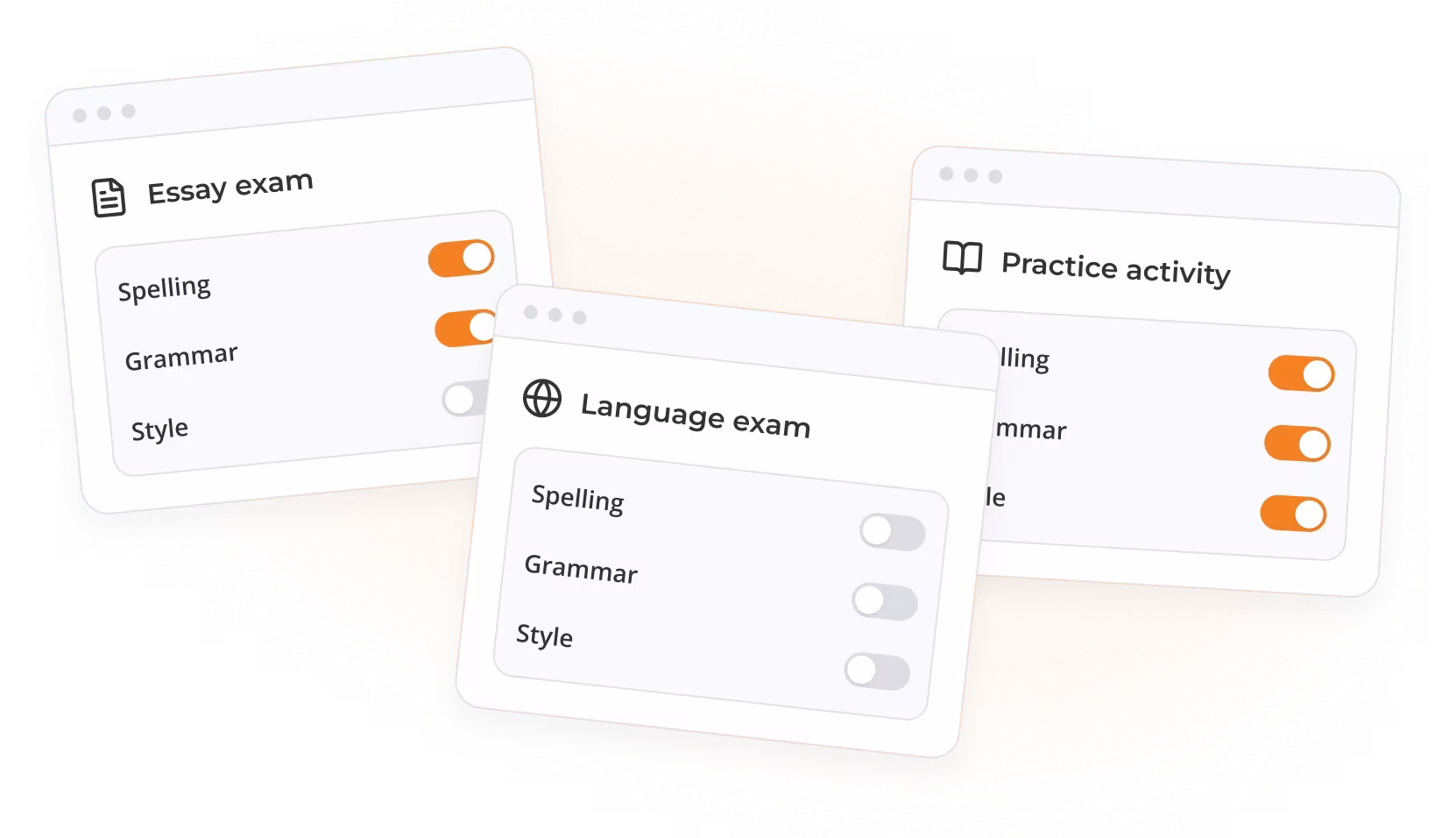 Three overlapping windows with language tool settings: Essay exam with spelling and grammar toggled on, Practice activity with spelling, grammar, and style toggled on, and Language exam with all toggles off for spelling, grammar, and style.