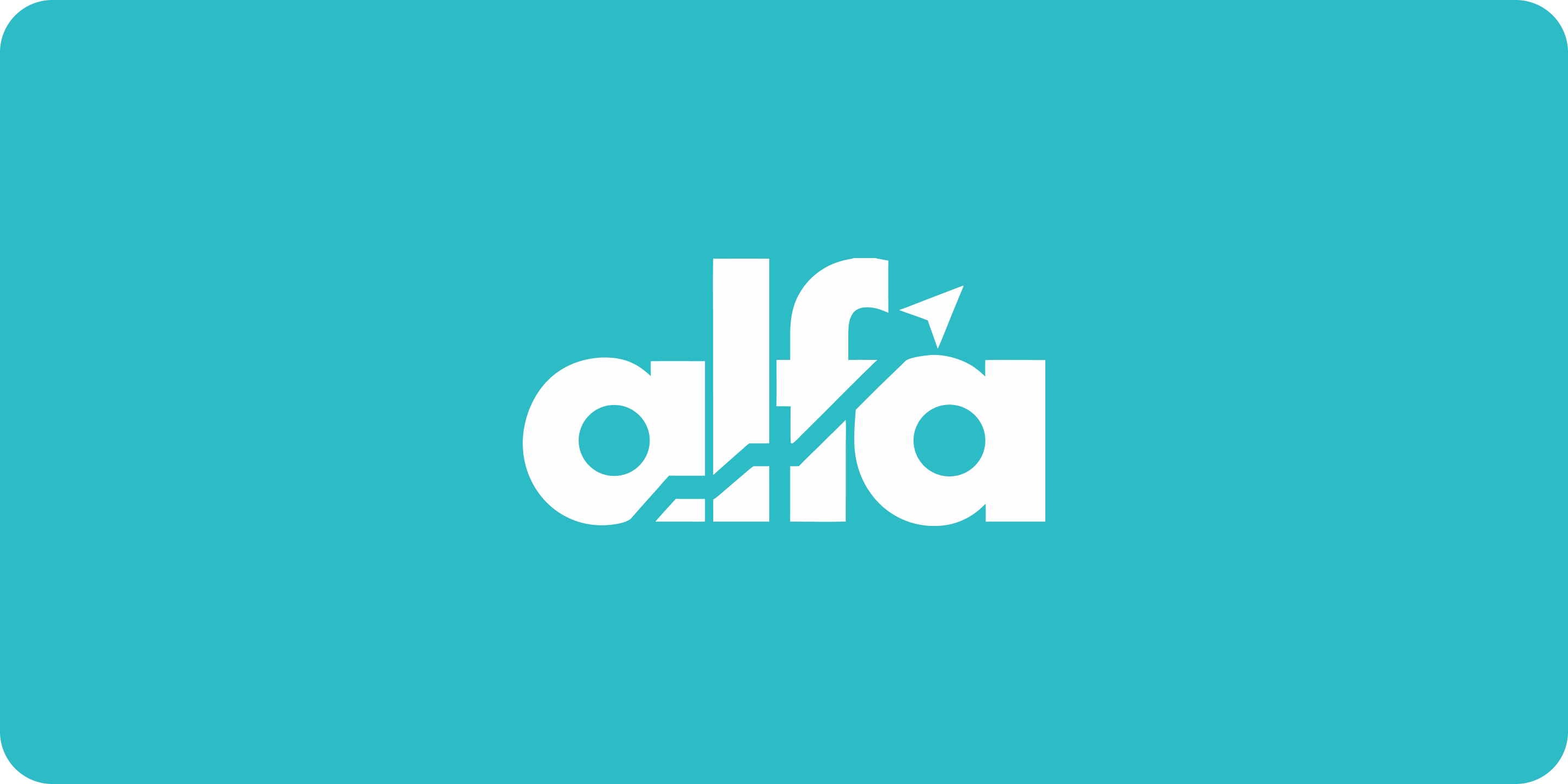 White stylized text logo 'alfa' with an upward arrow integrated into the letter 'f' on a turquoise background.