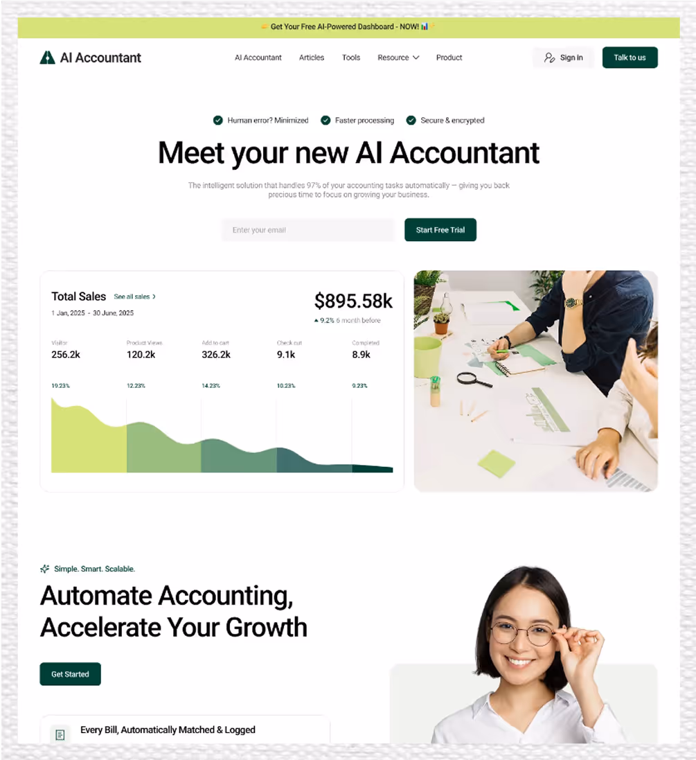 AI Accountant website homepage featuring dashboard with sales metrics, sign-in and trial buttons, and an image of people working and a smiling woman wearing glasses.