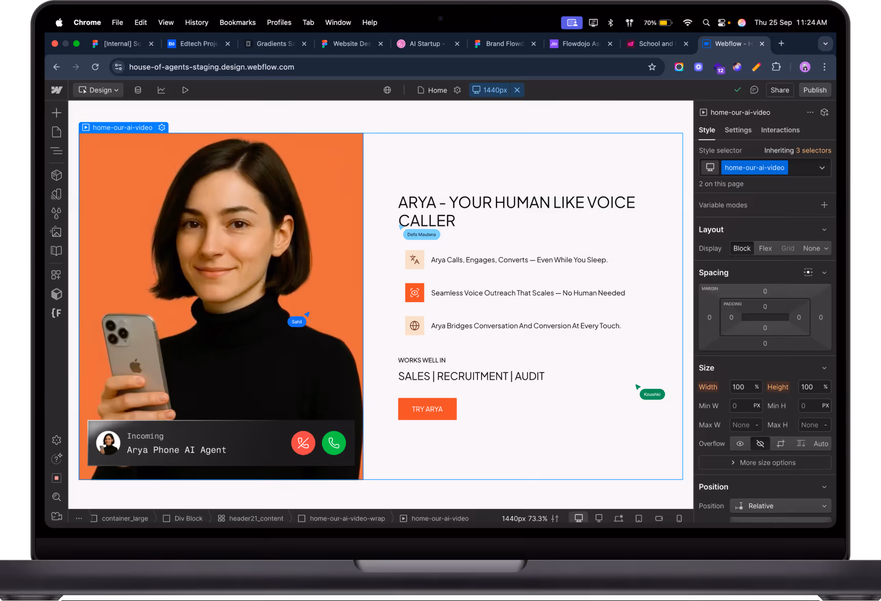 Laptop screen displaying a web design interface with a webpage showing a woman holding an iPhone and text about Arya, a human-like voice caller AI.
