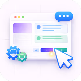 Illustration of a web browser window with chat bubbles, gears, and a large cursor icon.