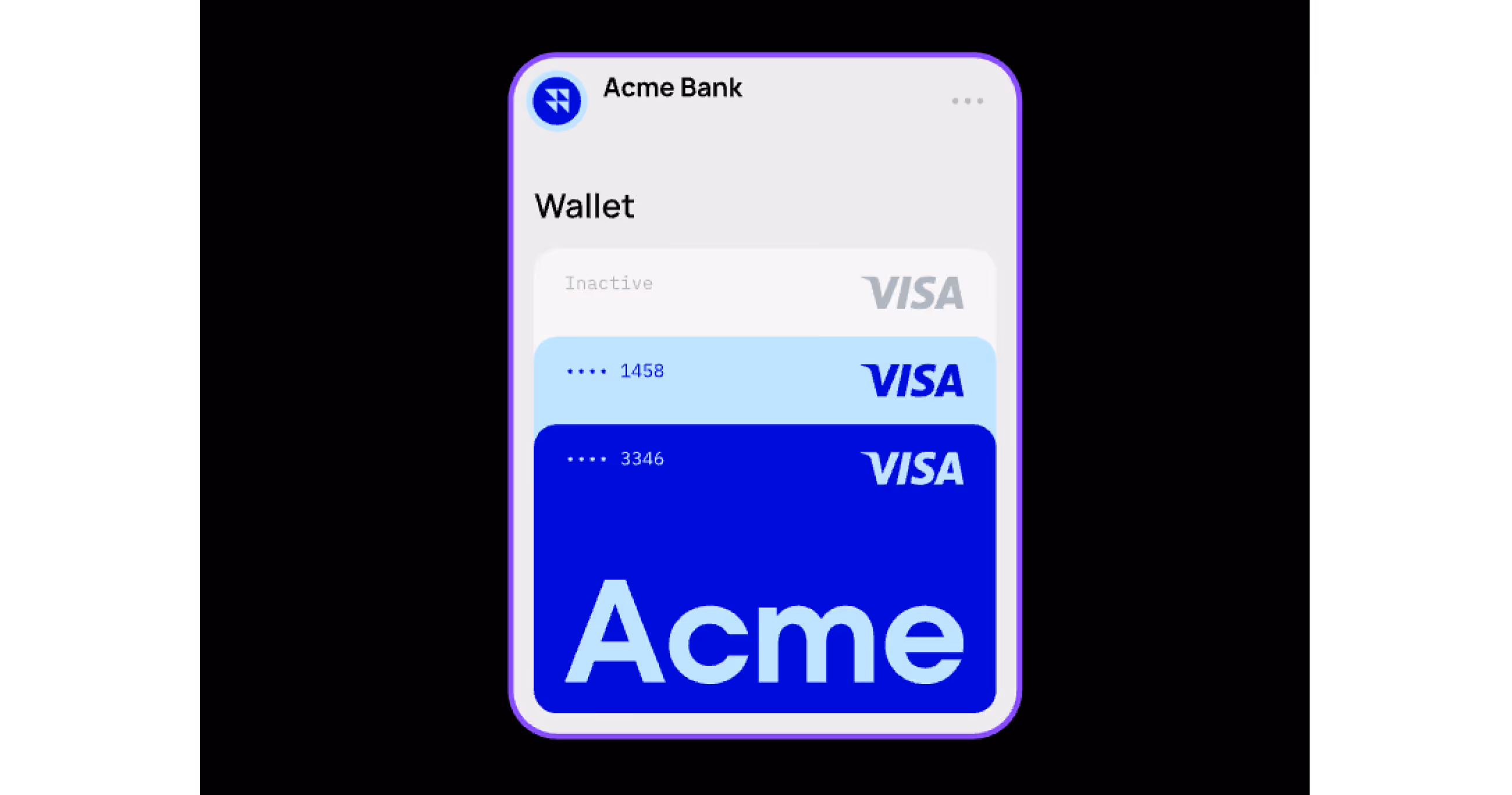 Digital wallet interface for Acme Bank showing three Visa cards with last digits 1458 and 3346, one card marked inactive.