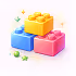 Three colorful toy building blocks stacked with small green stars scattered nearby.