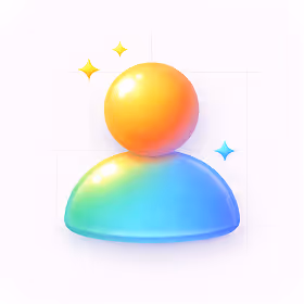 Colorful 3D user profile icon with a round orange head and a blue-green body, surrounded by small sparkles.