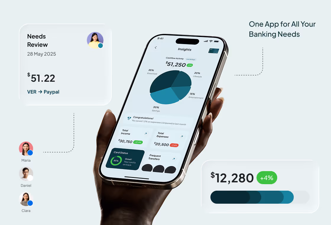 Hand holding smartphone displaying banking app with a pie chart of cash flow, income and expenses, and card status; also shows user avatars and financial summaries.