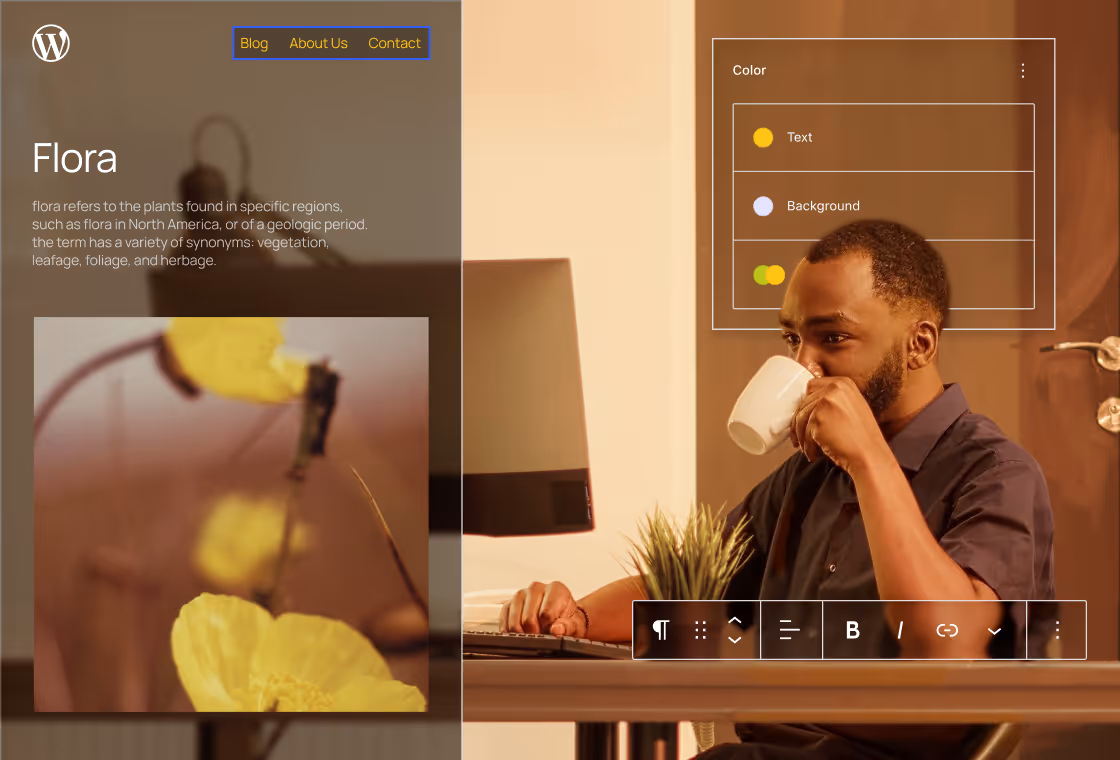 Man sitting at desk drinking coffee, with digital overlays of website menu, color settings, and text editing tools.