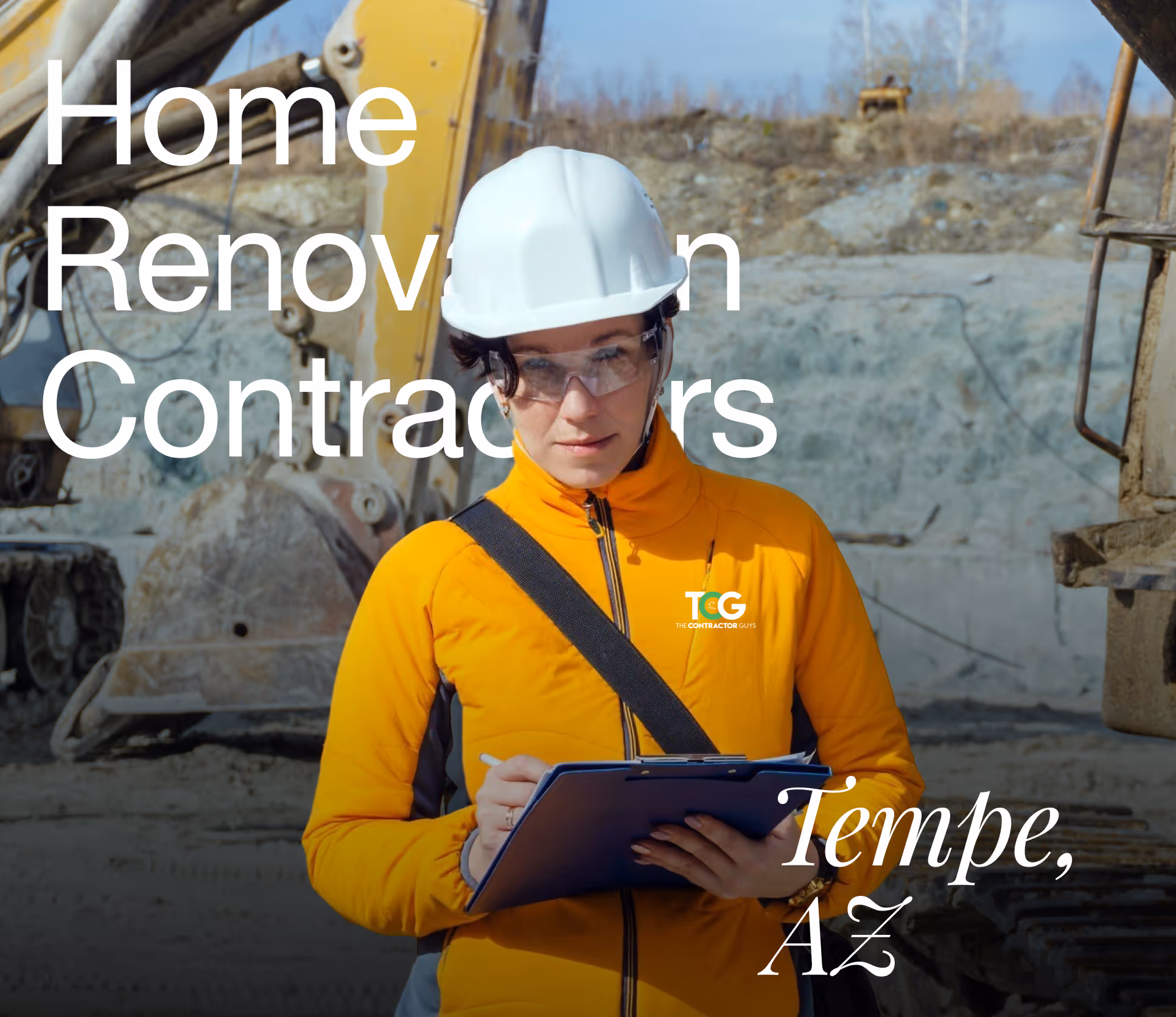 Woman in a white hard hat and orange jacket holding a clipboard at a construction site with heavy machinery in the background.