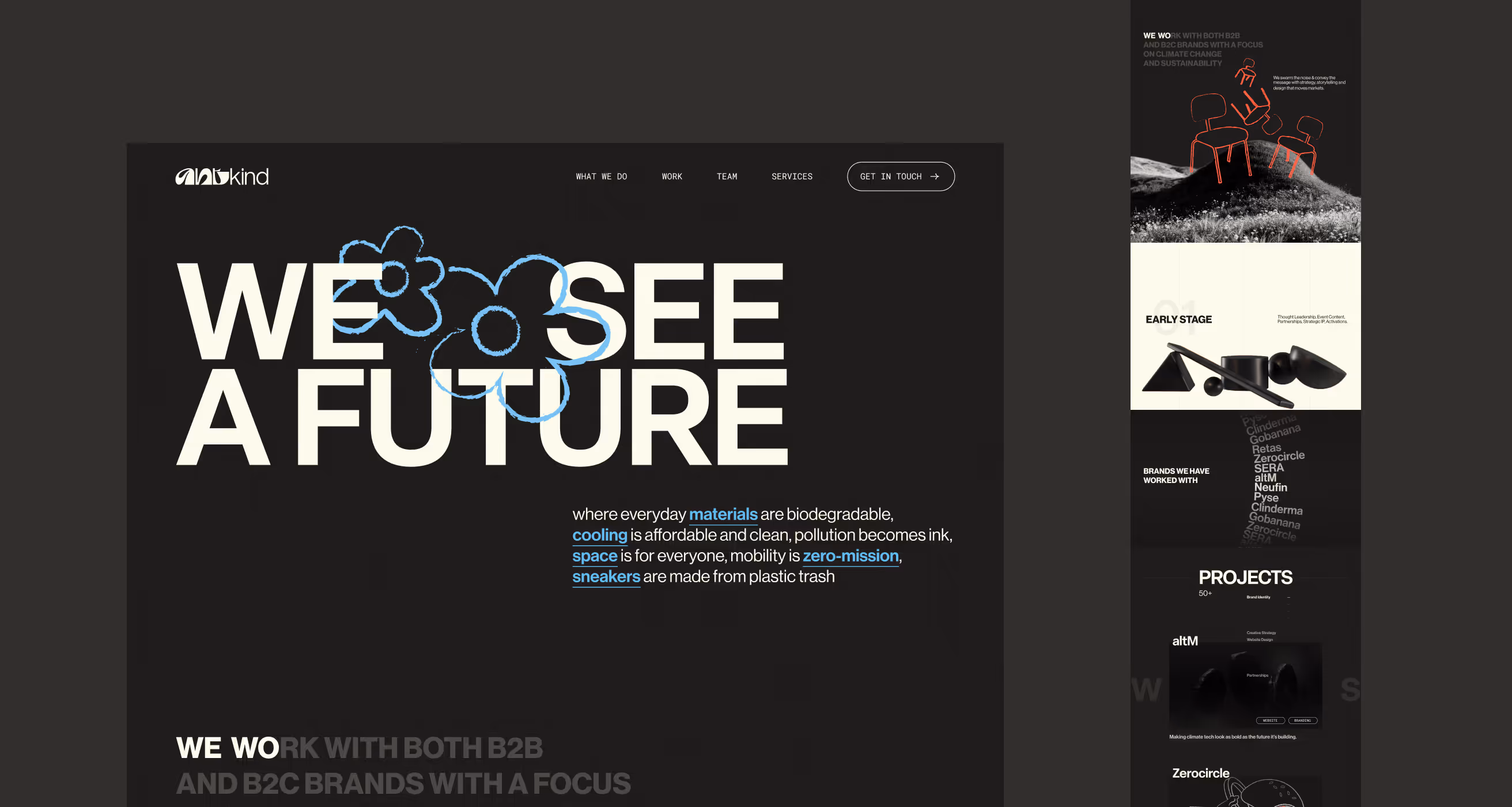Website homepage for Antkind showcasing the phrase 'We See A Future' with blue flowers and text about biodegradable materials, zero-mission, and plastic trash sneakers.