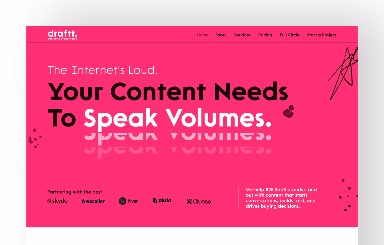 Bright pink webpage header with bold text stating 'Your Content Needs To Speak Volumes' and logos of partner companies below.