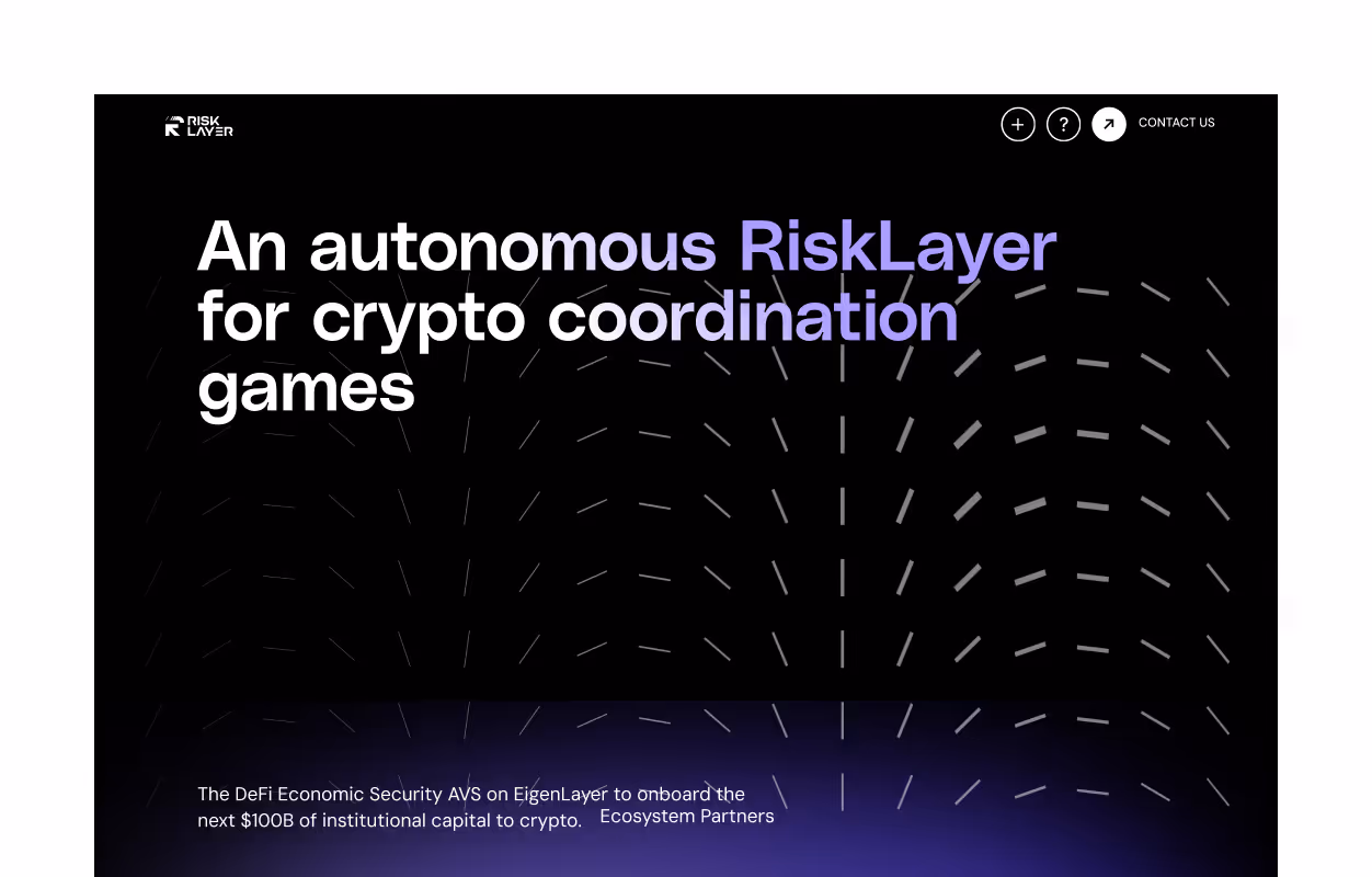 Website header with text 'An autonomous RiskLayer for crypto coordination games' on a black background with dotted curved lines and a purple gradient at the bottom.