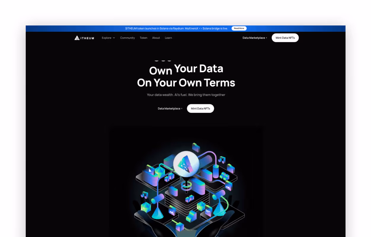 Homepage of ITHEUM website with tagline 'Own Your Data On Your Own Terms' and a futuristic digital network illustration.