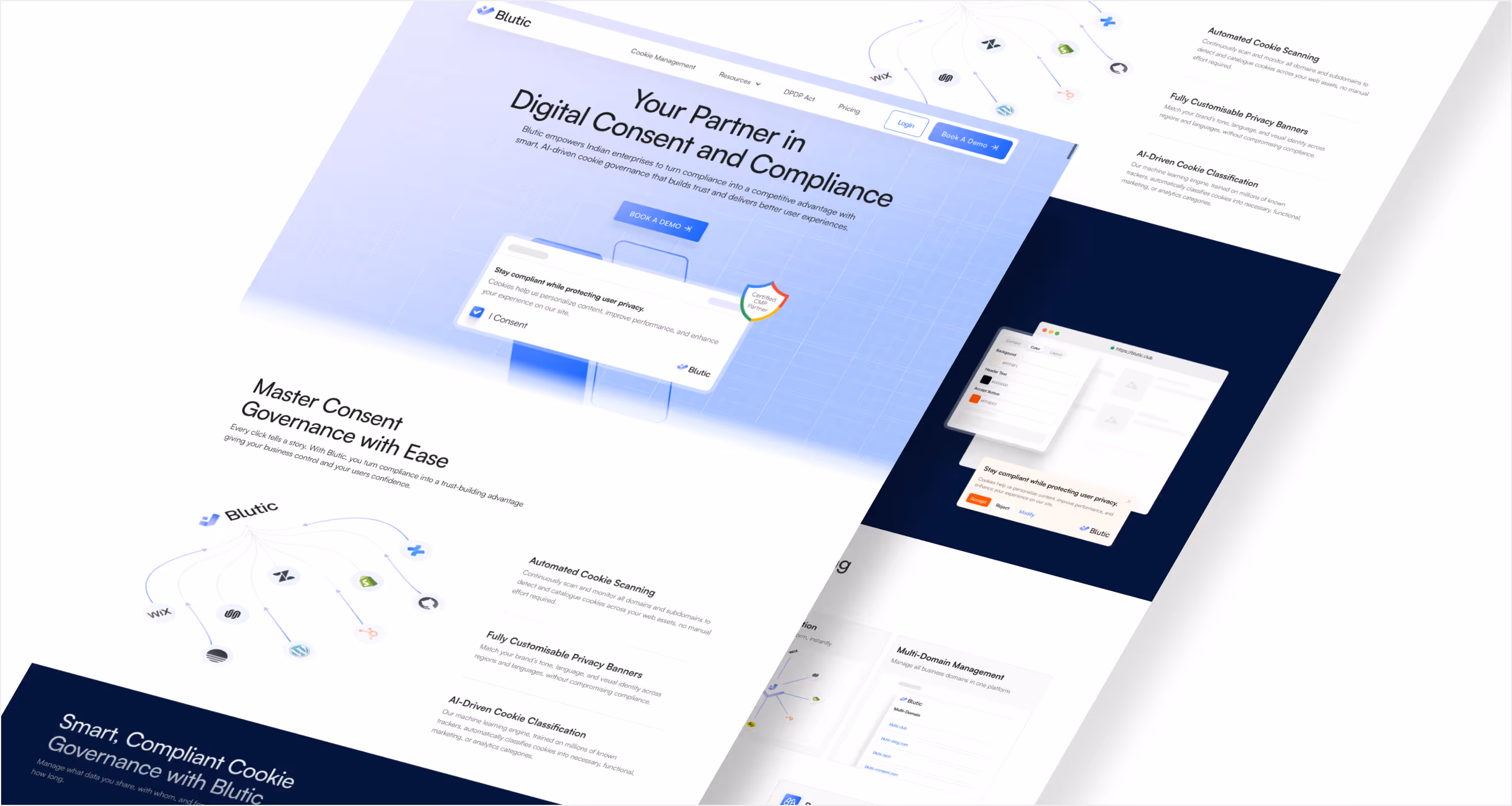 Website screenshot of Blutic showing digital consent and compliance features with cookie management and privacy banner options.