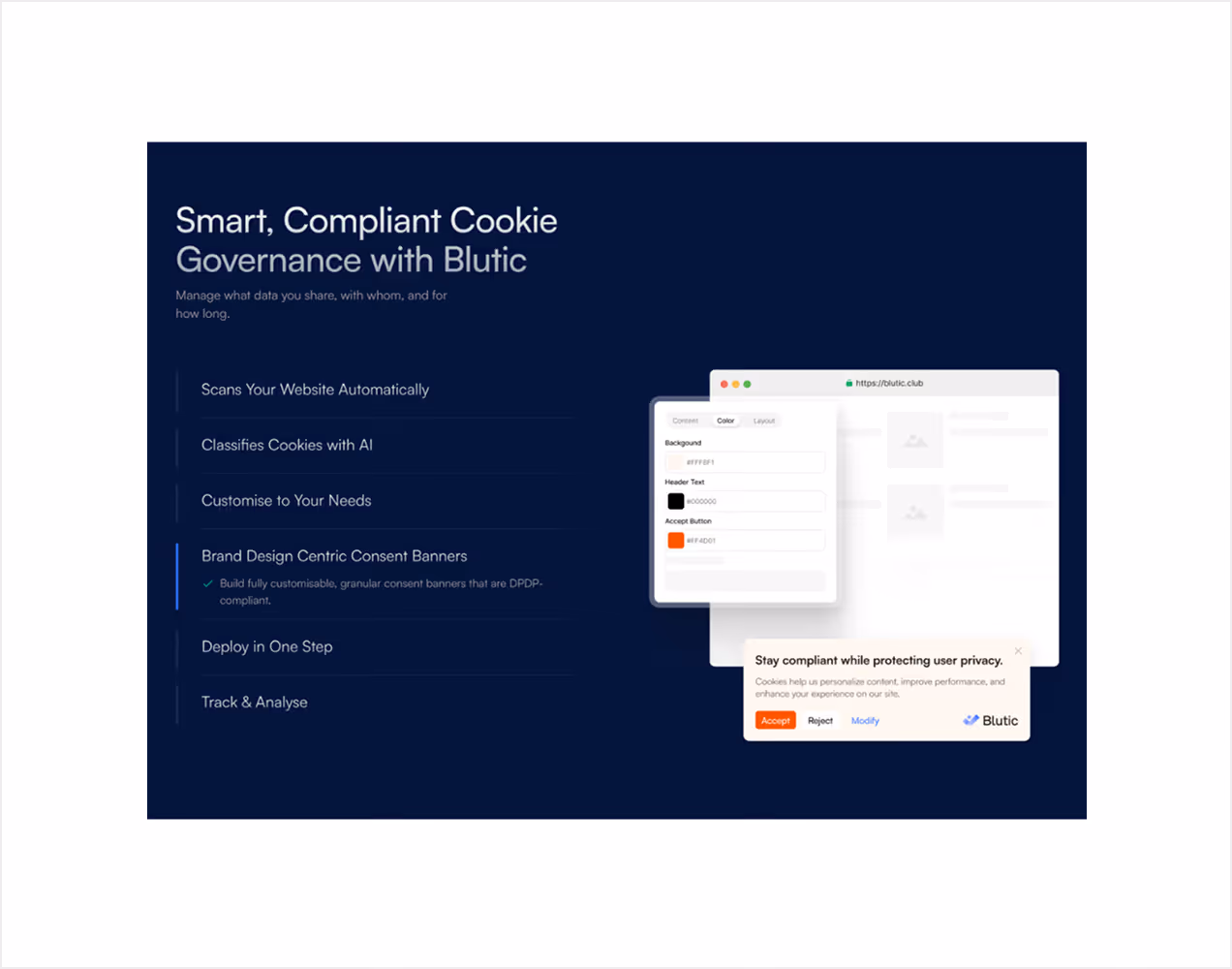 Blutic interface highlighting smart, compliant cookie governance features including AI classification, customizable consent banners, and user privacy protection.