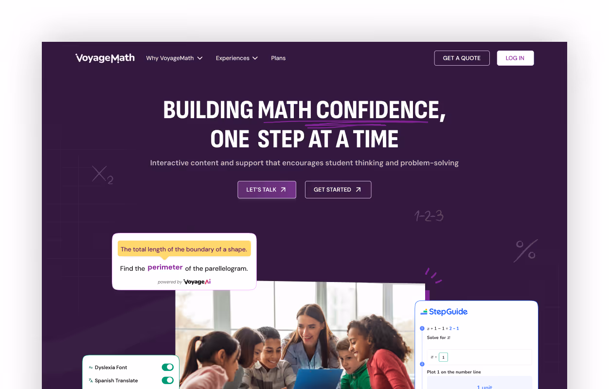 Website homepage of VoyageMath showing a header about building math confidence, interactive content, and a photo of a teacher with students around a laptop.