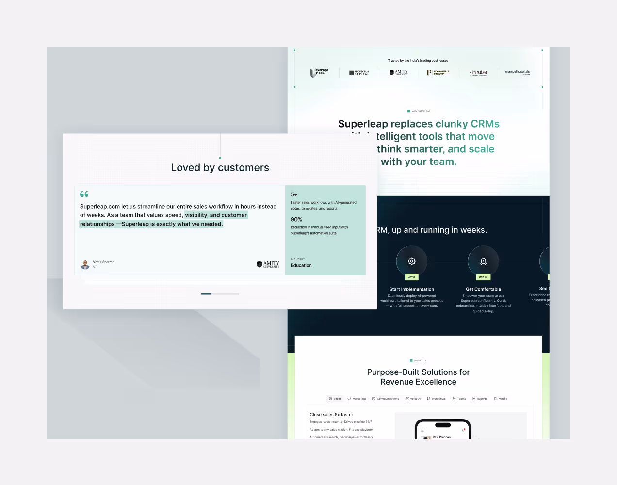 Website testimonial section showing customer praise for Superleap CRM streamlining sales workflow and improving visibility and relationships, with logos of trusted Indian businesses.