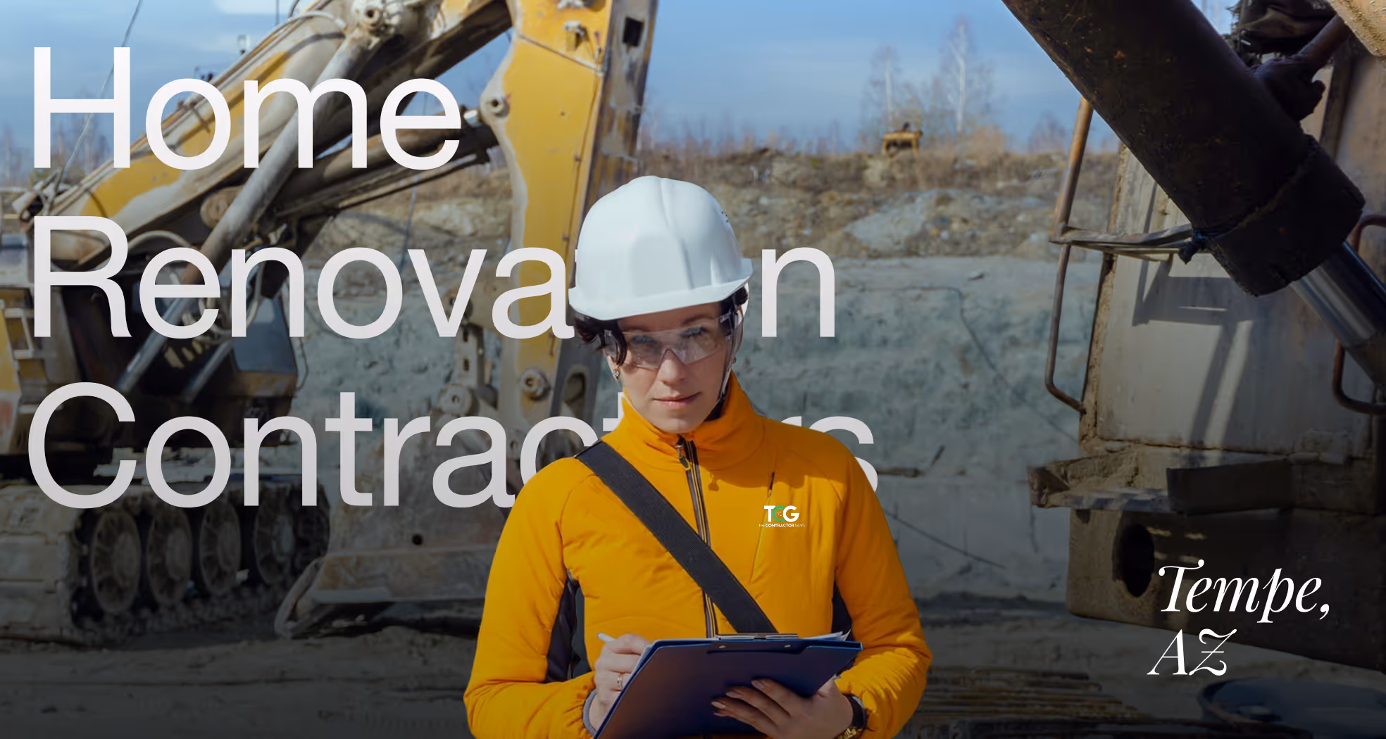 Woman in orange jacket and white hard hat holding clipboard on a construction site.