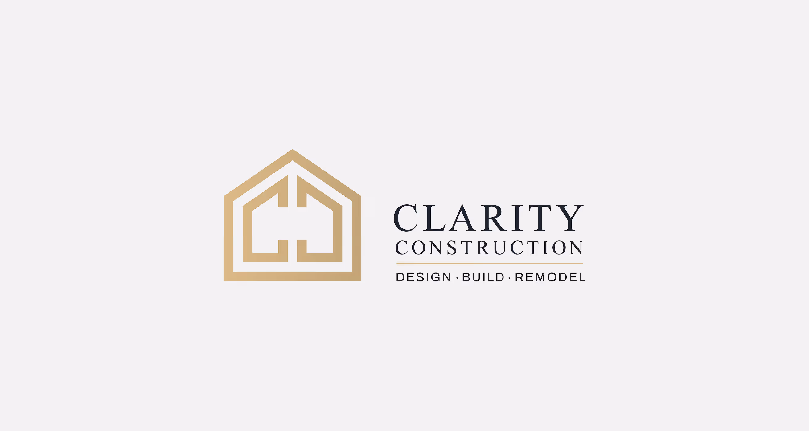 Clarity Construction logo with a gold house outline and text reading Design, Build, Remodel.