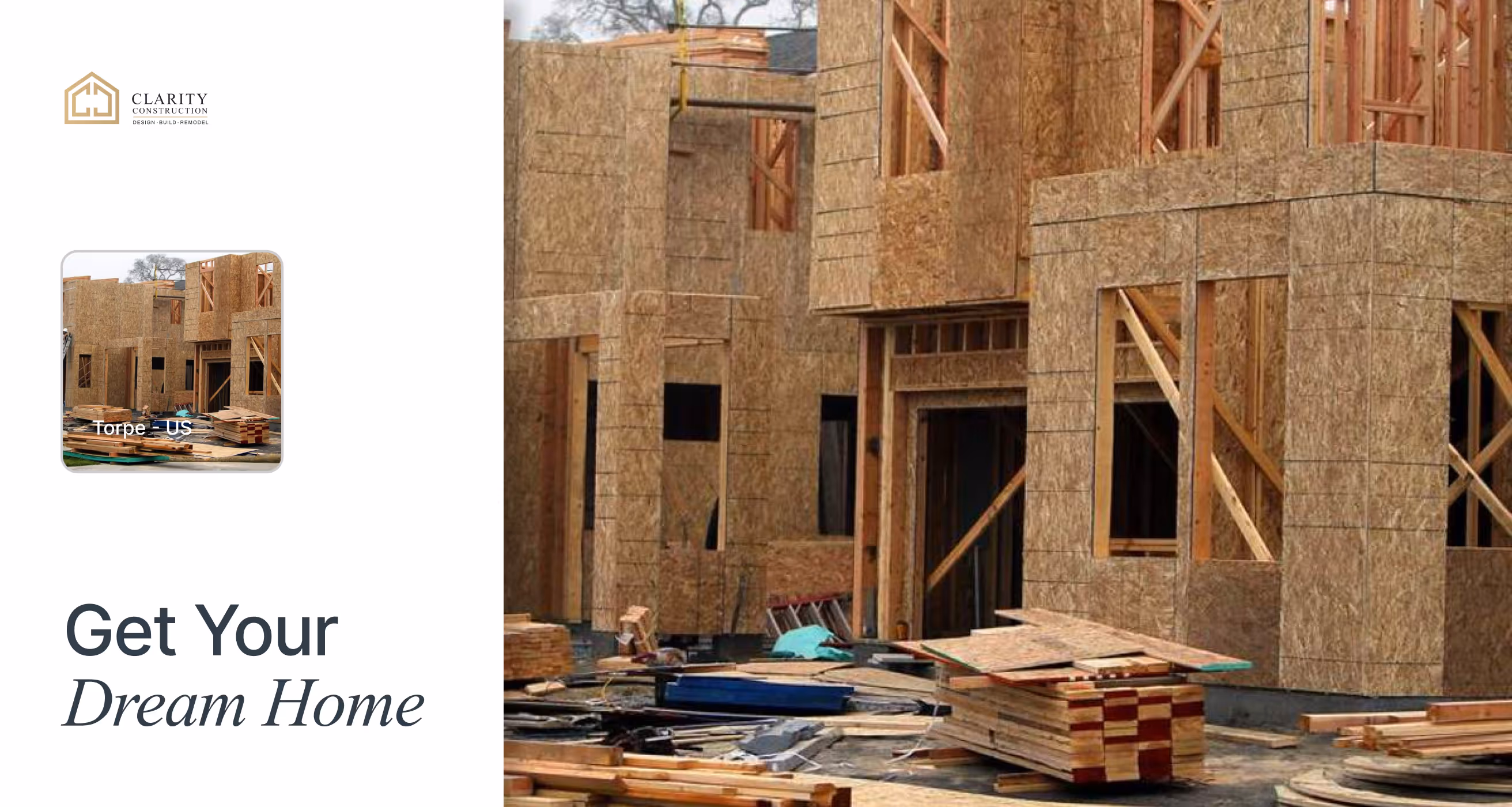 Partially constructed wooden house framing with stacked lumber and construction materials on site.