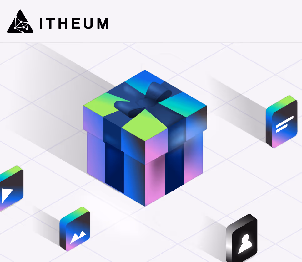 Colorful gradient gift box with a ribbon in the center surrounded by floating app-like icons on a grid background, with ITHEUM logo at the top.