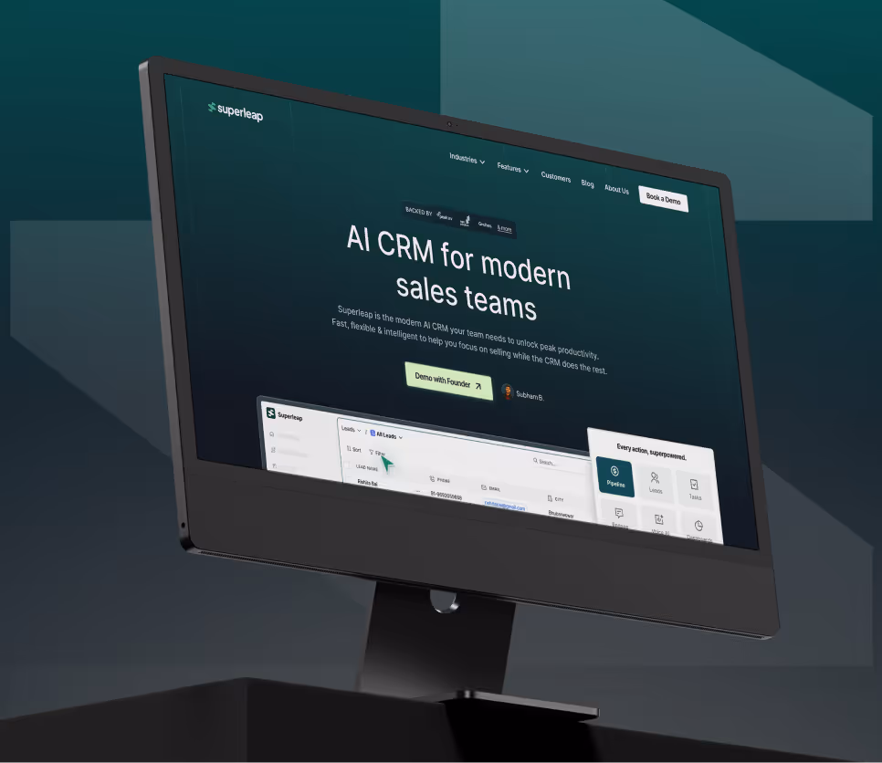 Computer monitor displaying Superleap AI CRM website for modern sales teams with navigation menu and call-to-action buttons.