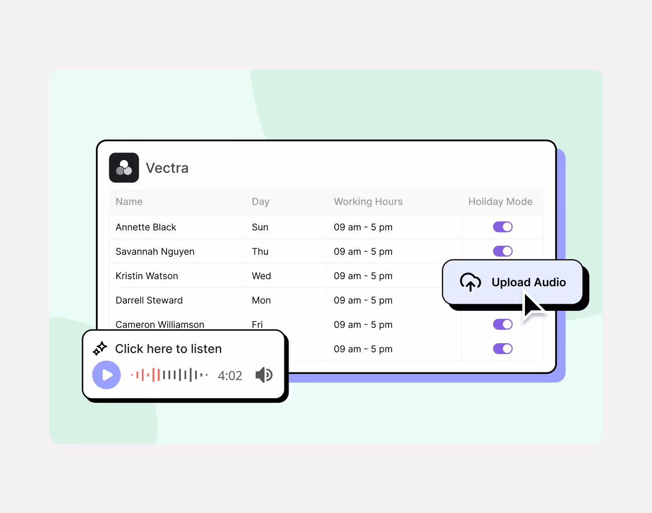 Table showing employee names, workdays, working hours, and holiday mode toggles with an overlaying audio player and an upload audio button.