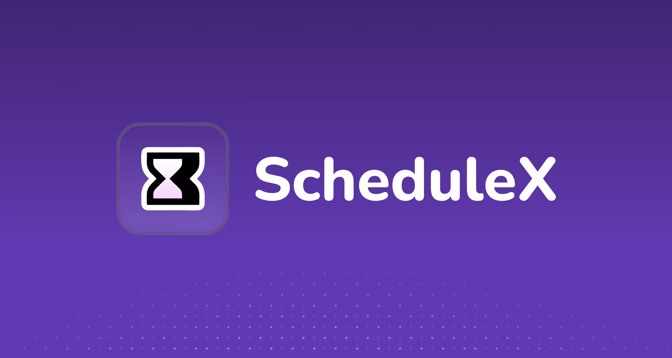 ScheduleX logo with a stylized hourglass icon on a purple gradient background.