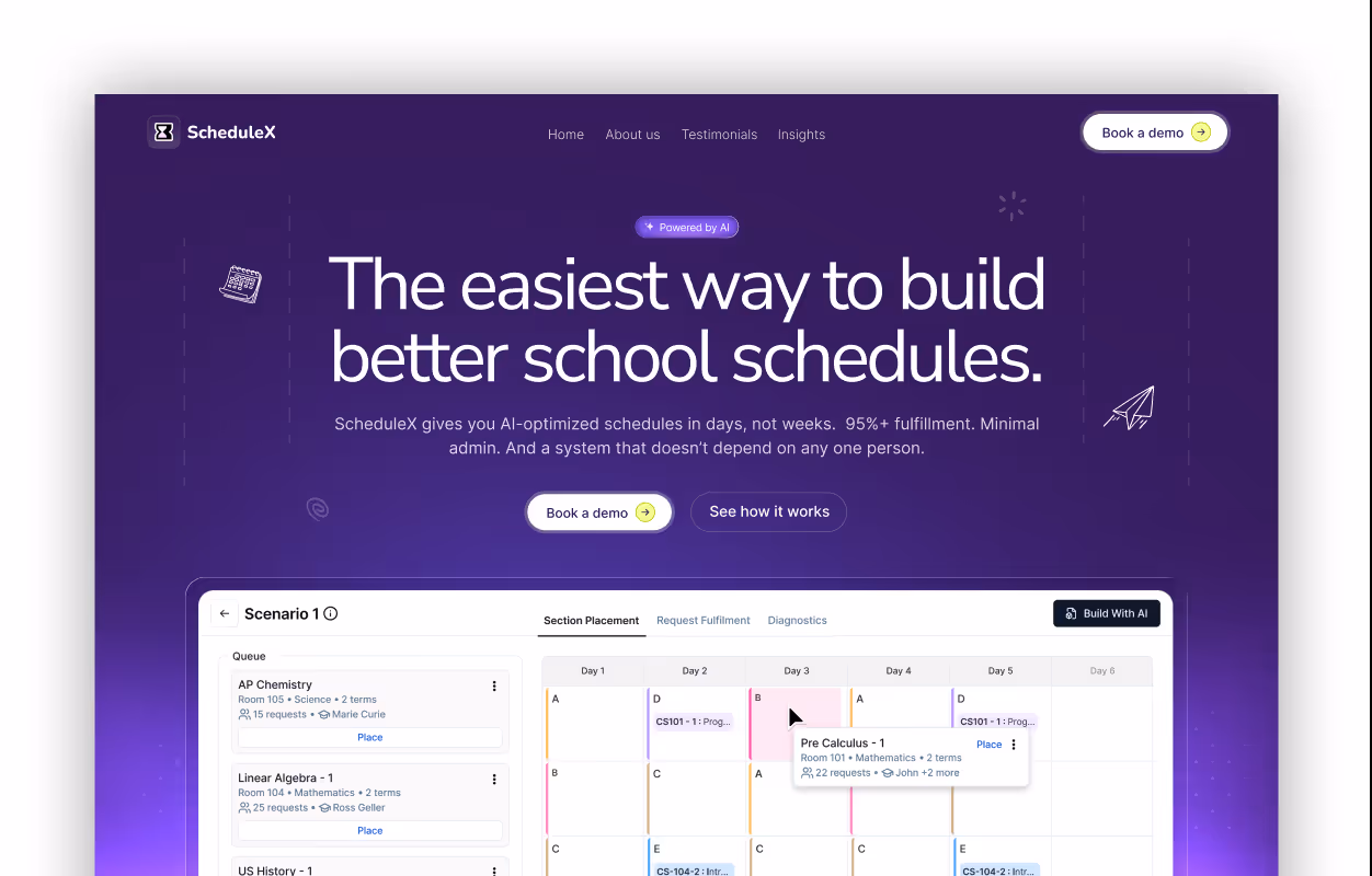 ScheduleX website homepage showing AI-powered school schedule builder with sample class schedule interface including courses like AP Chemistry, Linear Algebra, and Pre Calculus.