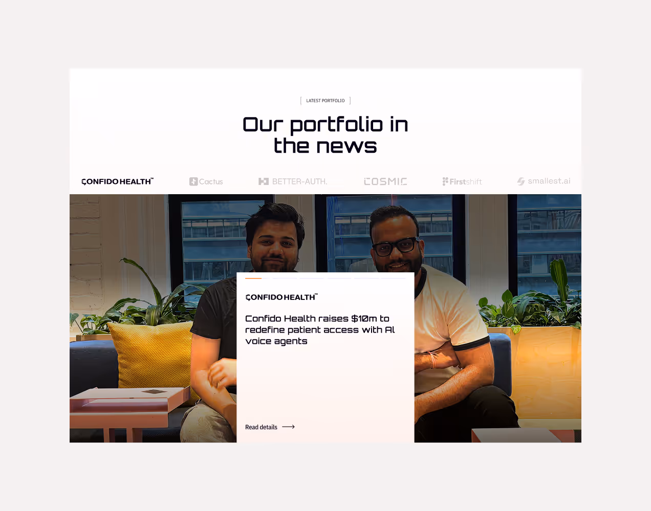 Two men sitting on a couch in an office with plants behind them and an overlay text about Confido Health raising $10m for AI voice agents.