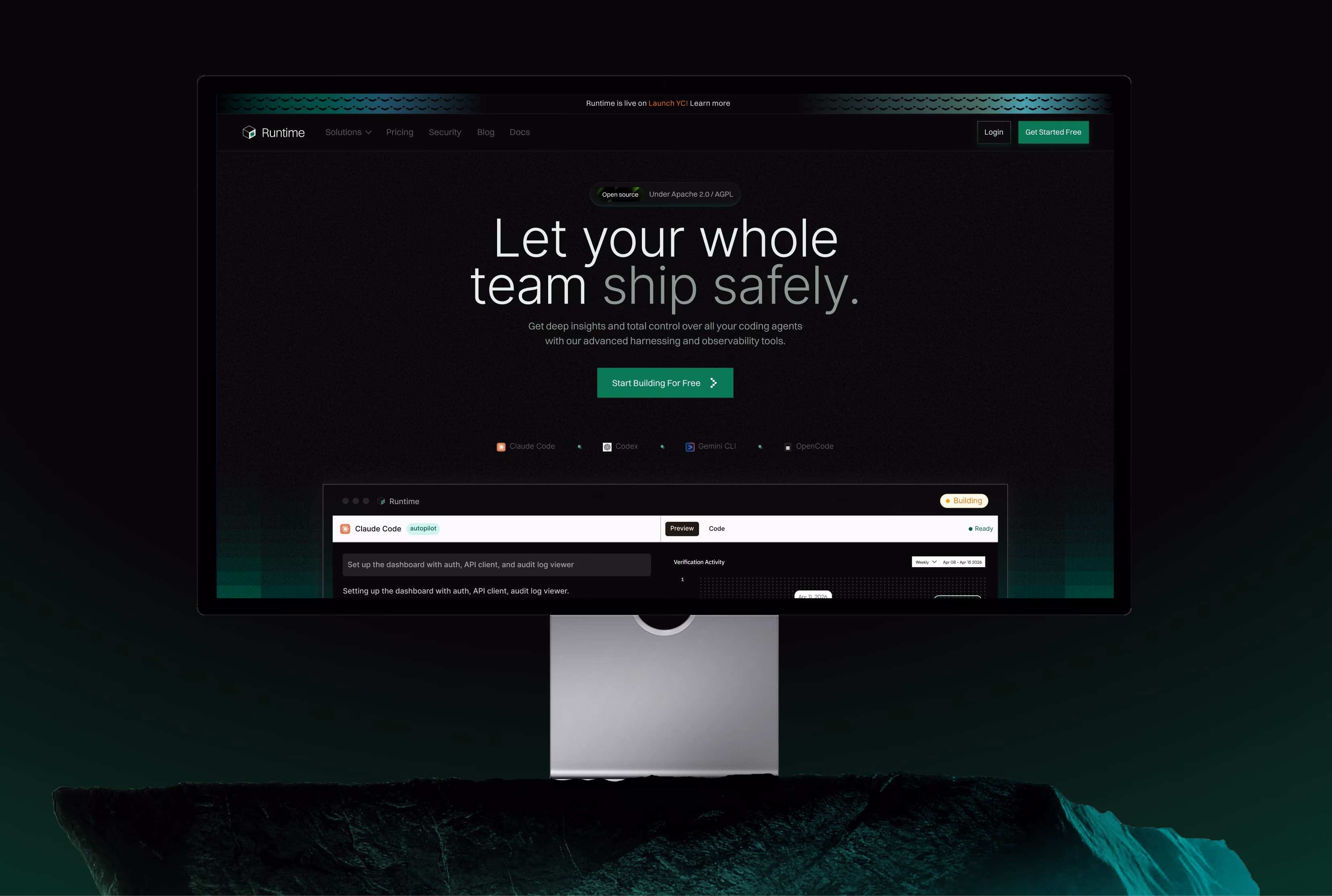 Computer monitor showing Runtime dashboard with text: Let your whole team ship safely and a green start button.