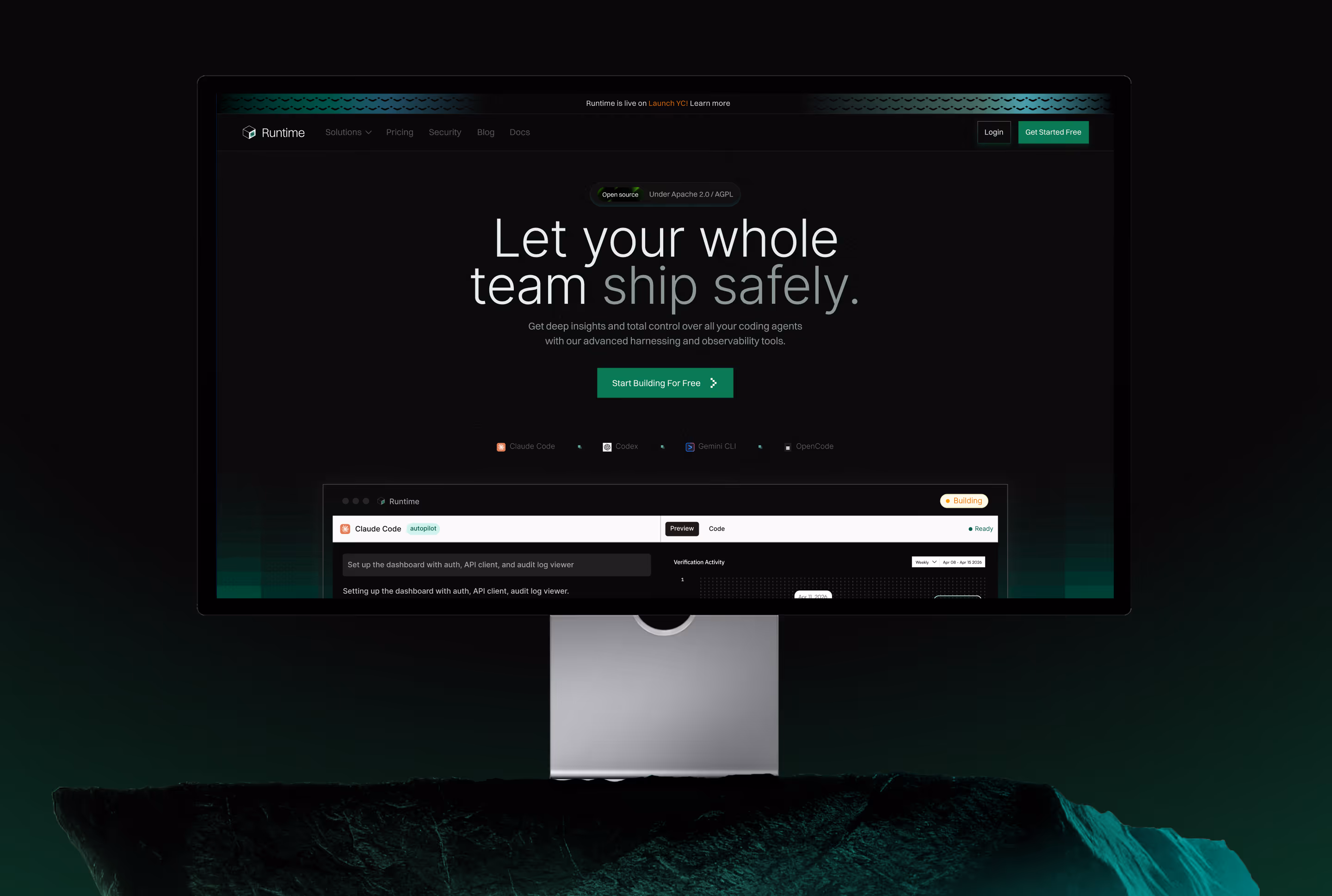 Computer monitor showing Runtime dashboard with text: Let your whole team ship safely and a green start button.