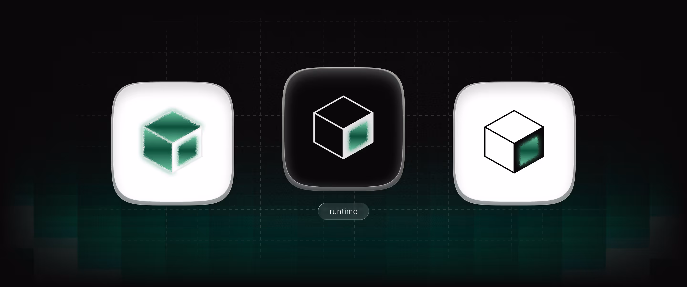 Three square app icons featuring cube graphics on a dark green gradient background with label runtime.