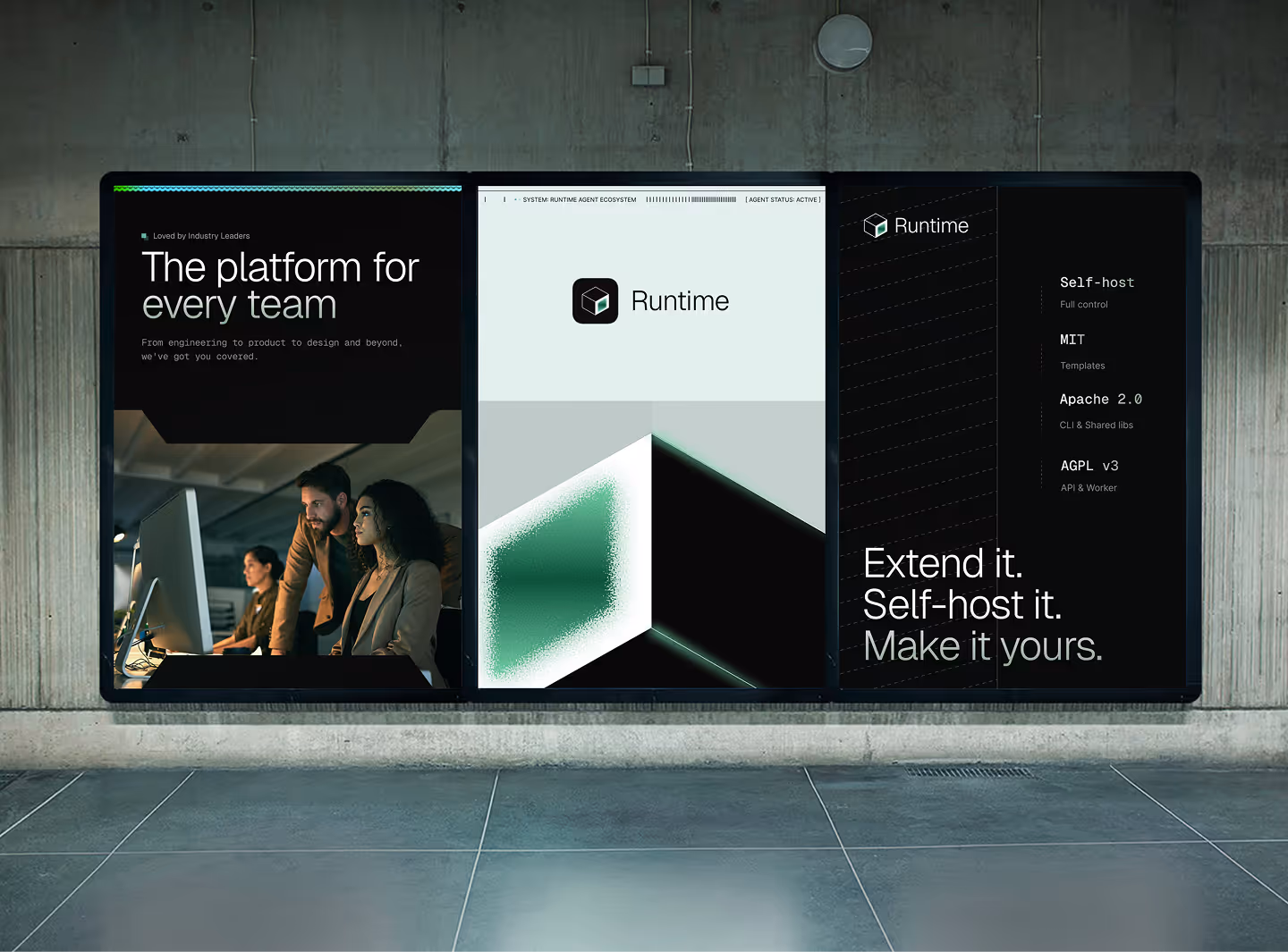 Three-panel billboard showing a product called Runtime with a tagline for teams and self-hosting options.