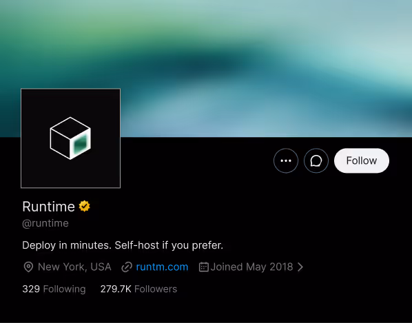 Runtime Twitter profile showing 279.7K followers, bio says deploy in minutes, self-host if preferred.