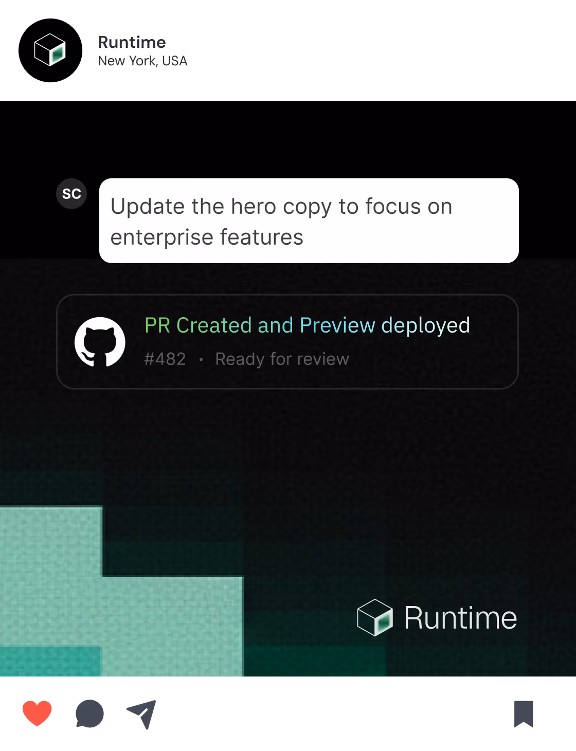 Chat message says 'Update the hero copy to focus on enterprise features' with GitHub PR created and preview deployed