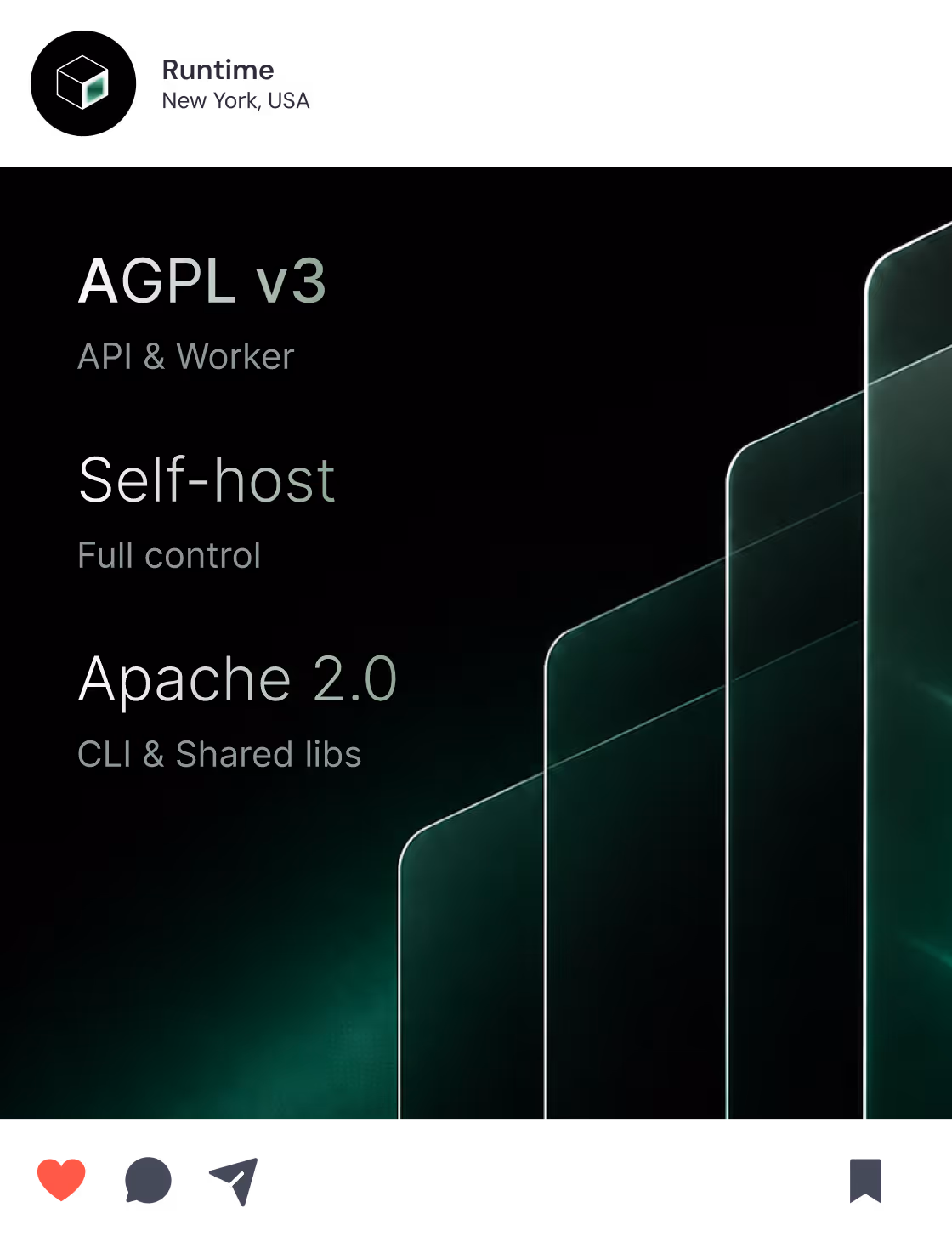 Dark background with Runtime logo and text about AGPL v3, Self-host, and Apache 2.0 licenses and control.