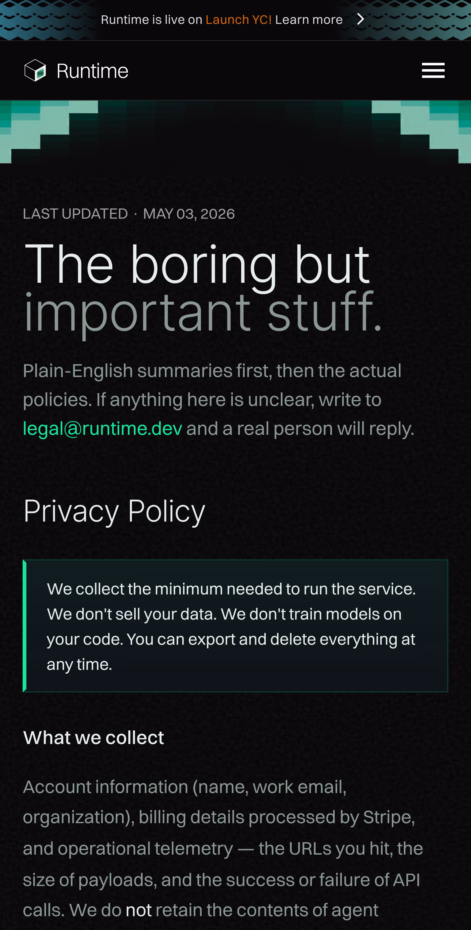 Privacy policy summary on Runtime site mentioning minimal data collection and export/delete options.