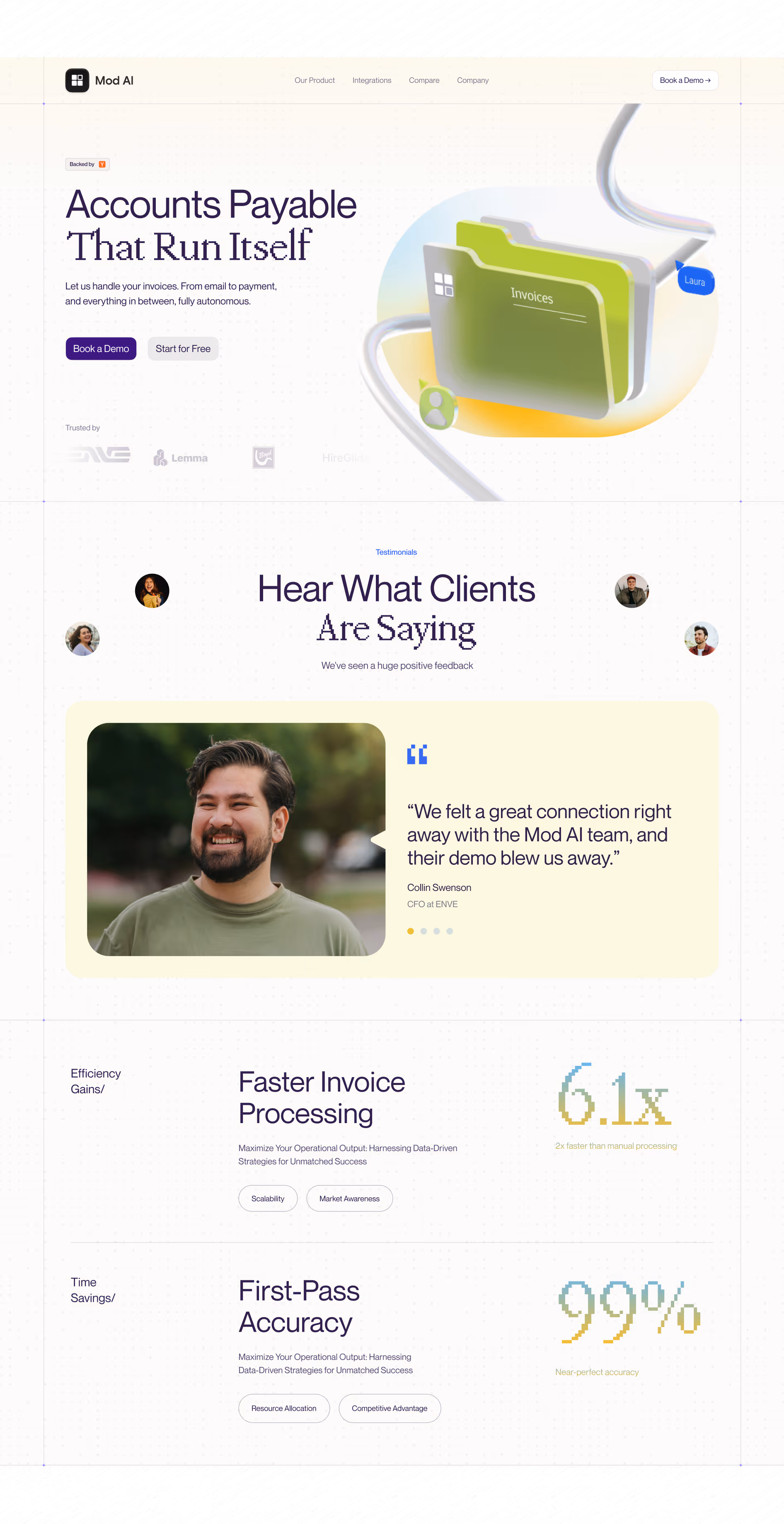 Mod AI homepage promoting autonomous accounts payable with client testimonial and efficiency stats.