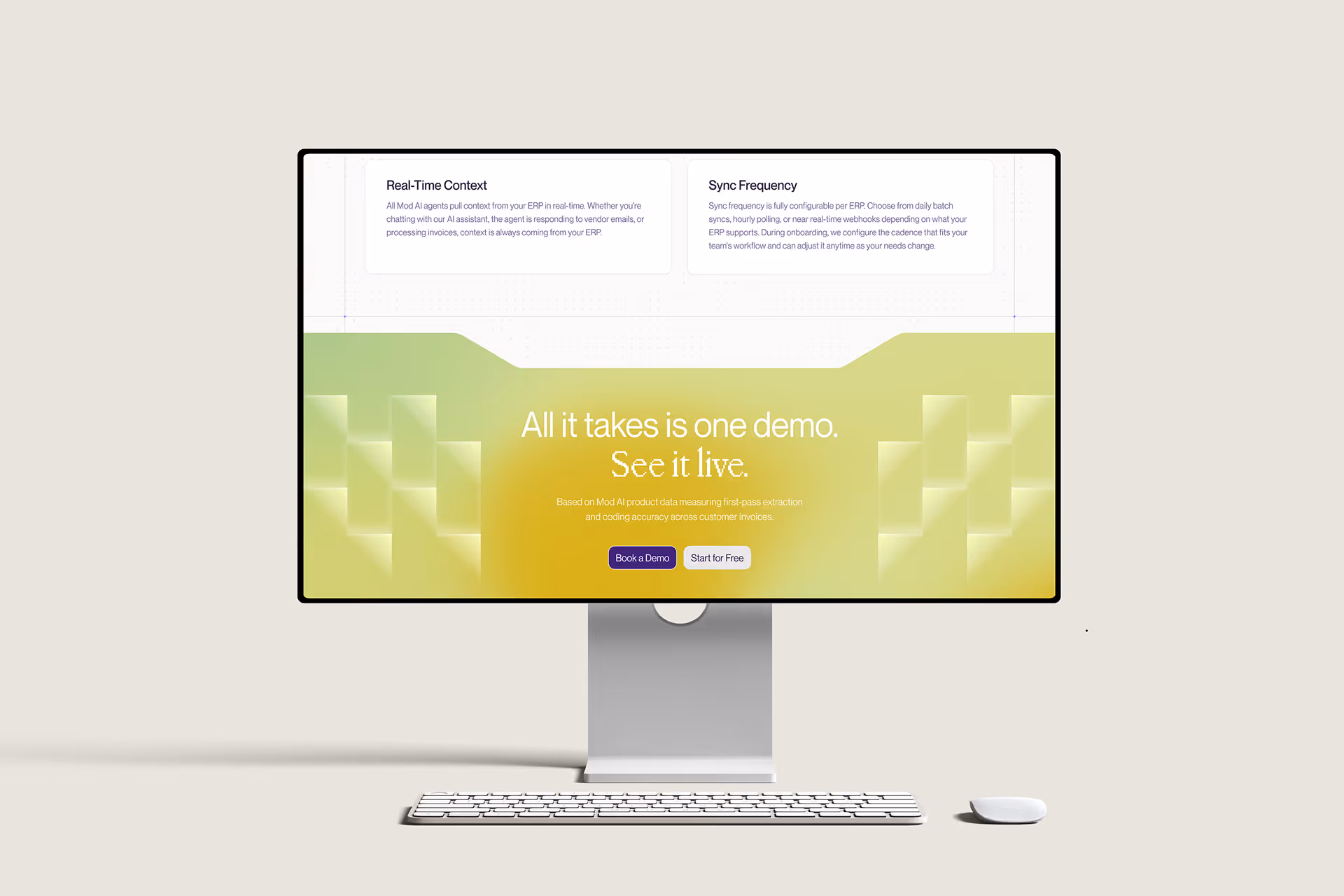Desktop computer with keyboard and mouse showing website about AI demo with options to book or start free.