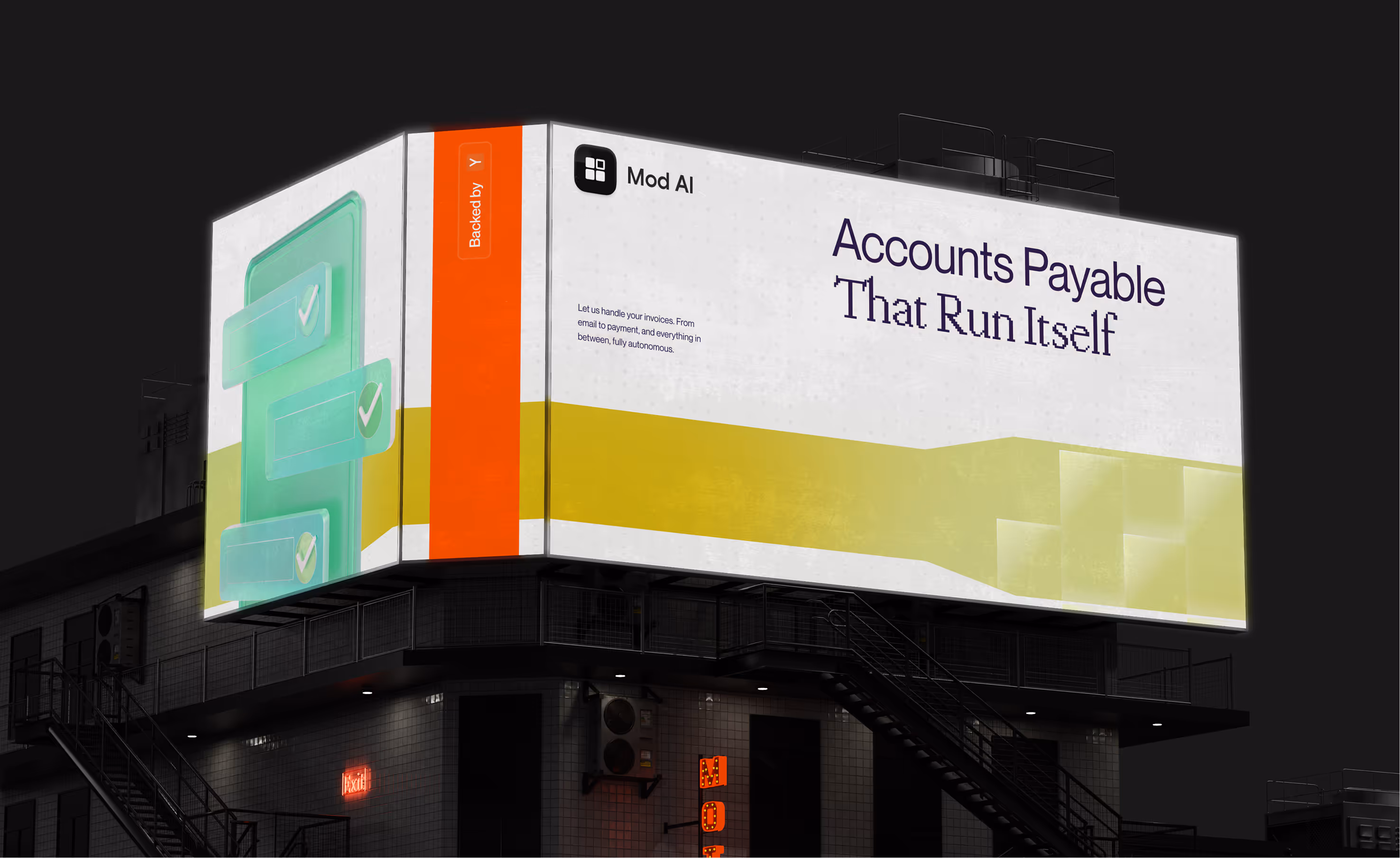Billboard advertising Mod AI with text 'Accounts Payable That Run Itself' and green checkmark icons.