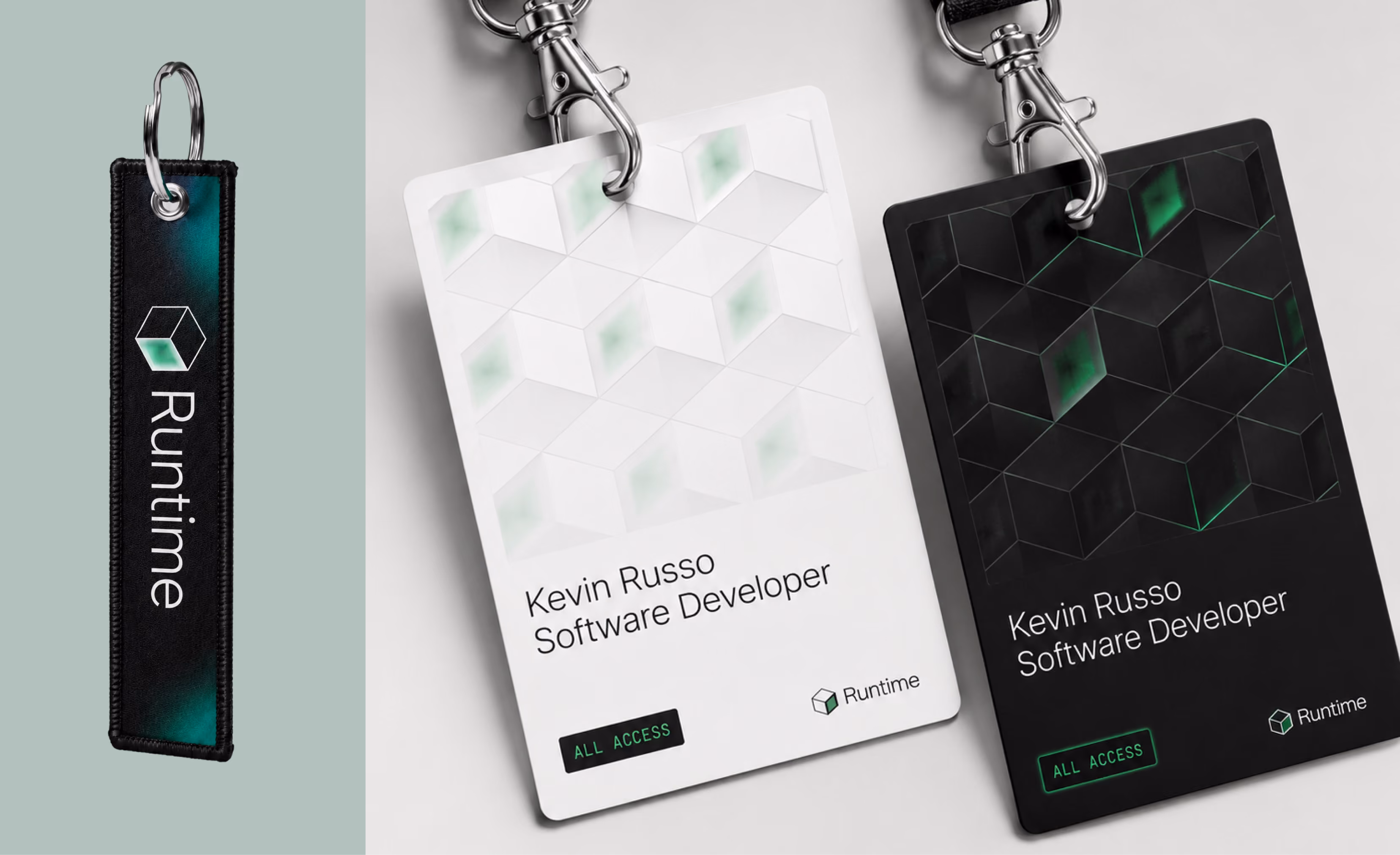 Two event badges with name Kevin Russo, title Software Developer, and a green-black Runtime logo keychain.