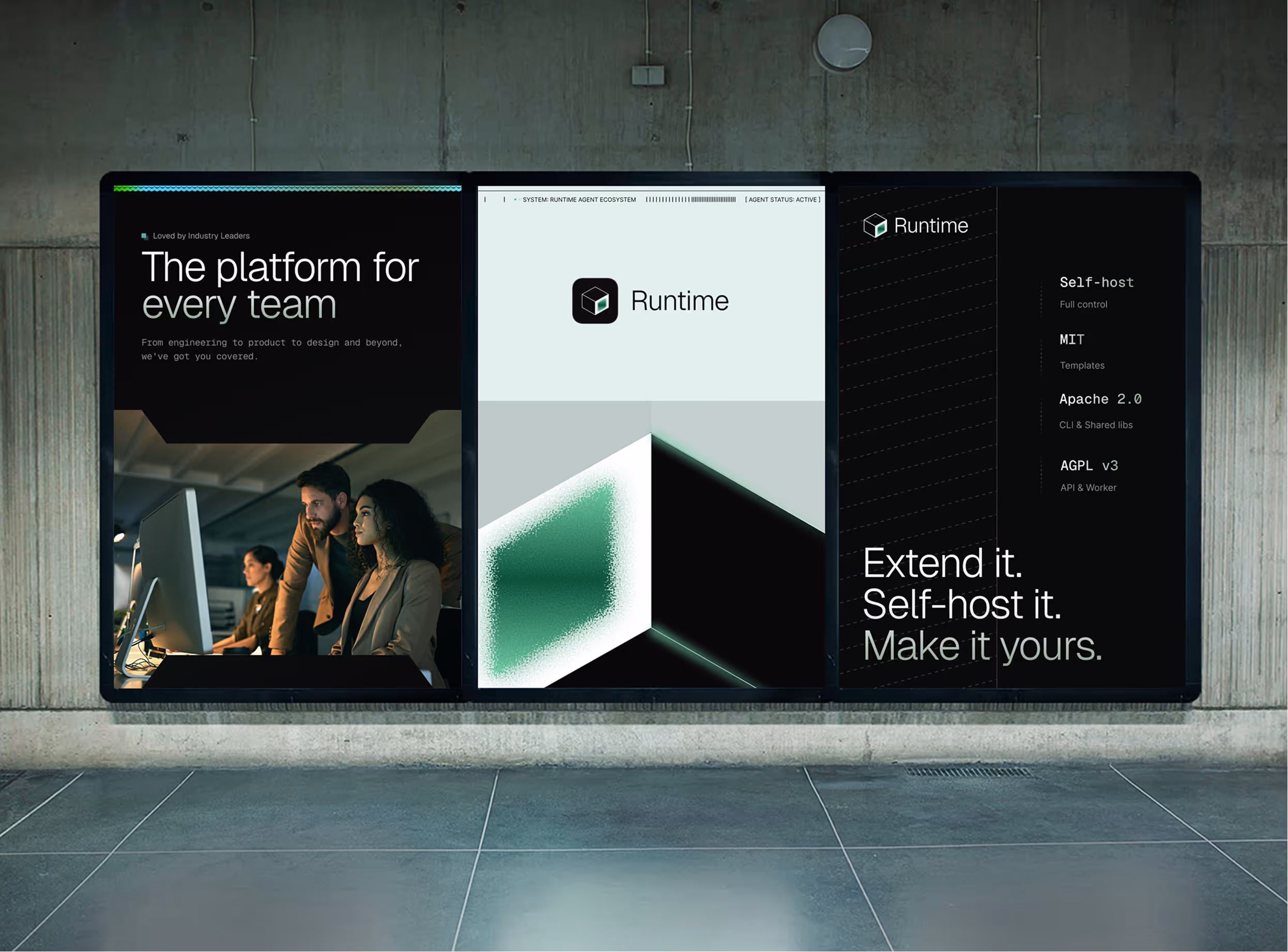 Three-panel digital advertisement showcasing Runtime platform with team photo and key features listed.