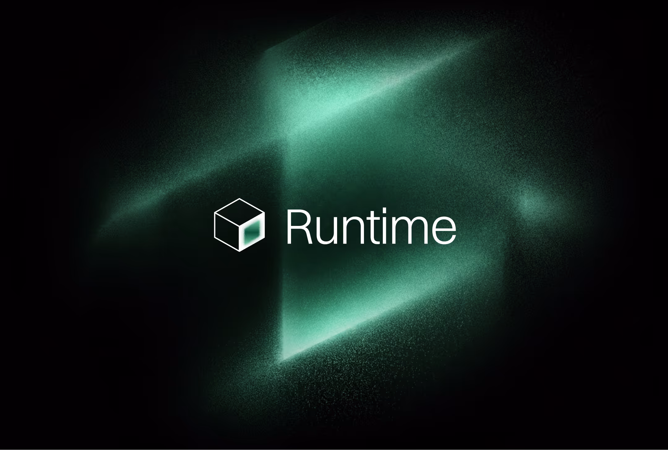 Green glowing abstract polygon shape with cube icon and the word Runtime on black background.
