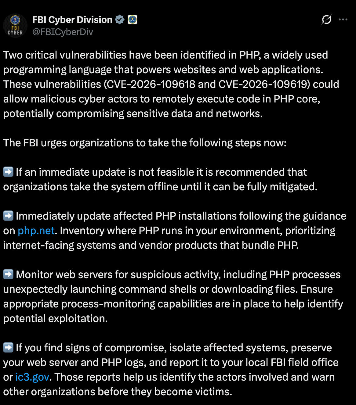 FBI Cyber Division advisory covering PHP updates, monitoring, isolation, and evidence preservation.