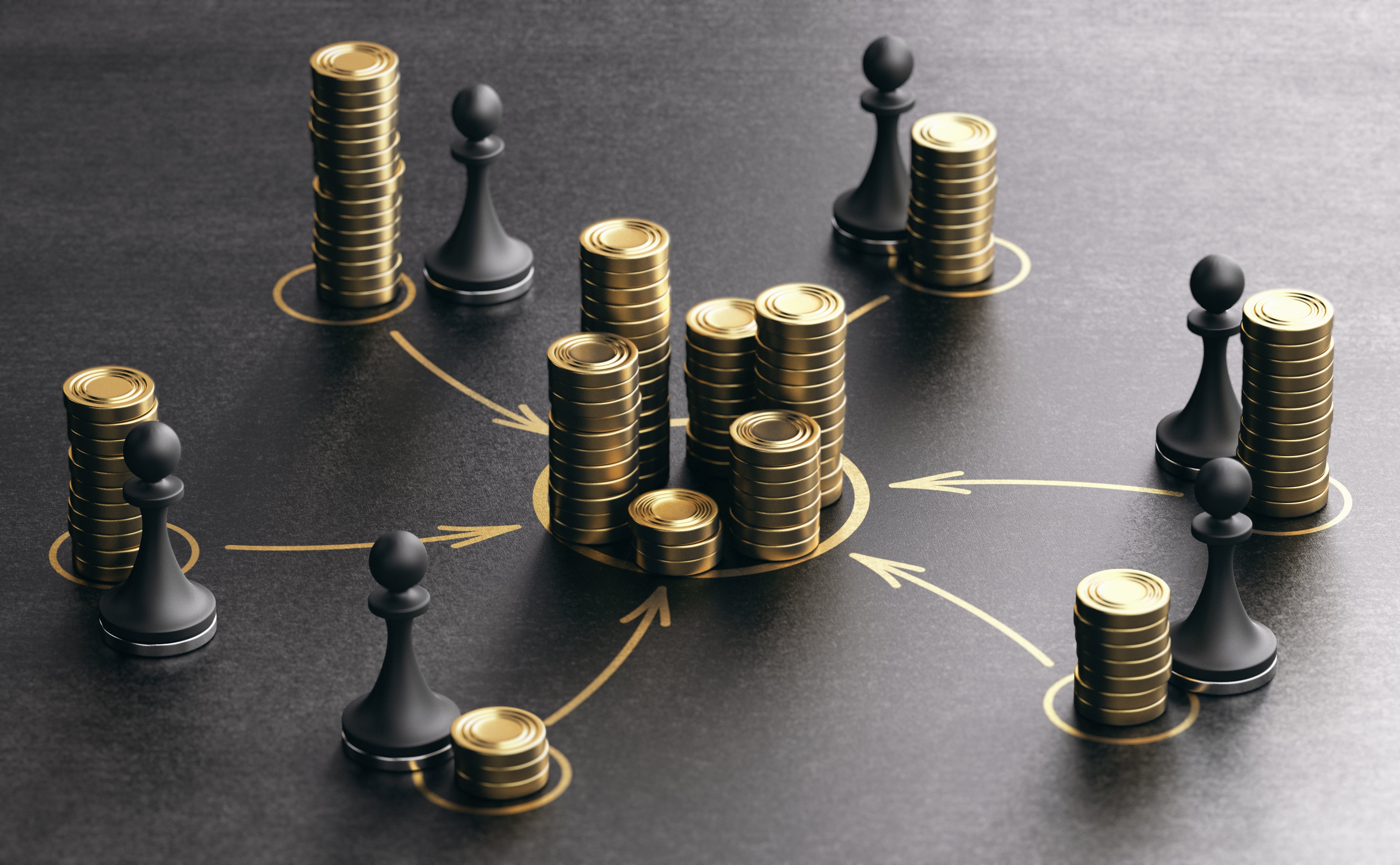 Black pawns with stacked gold coins and arrows showing wealth distribution, symbolizing strategy, centralization, and financial planning.