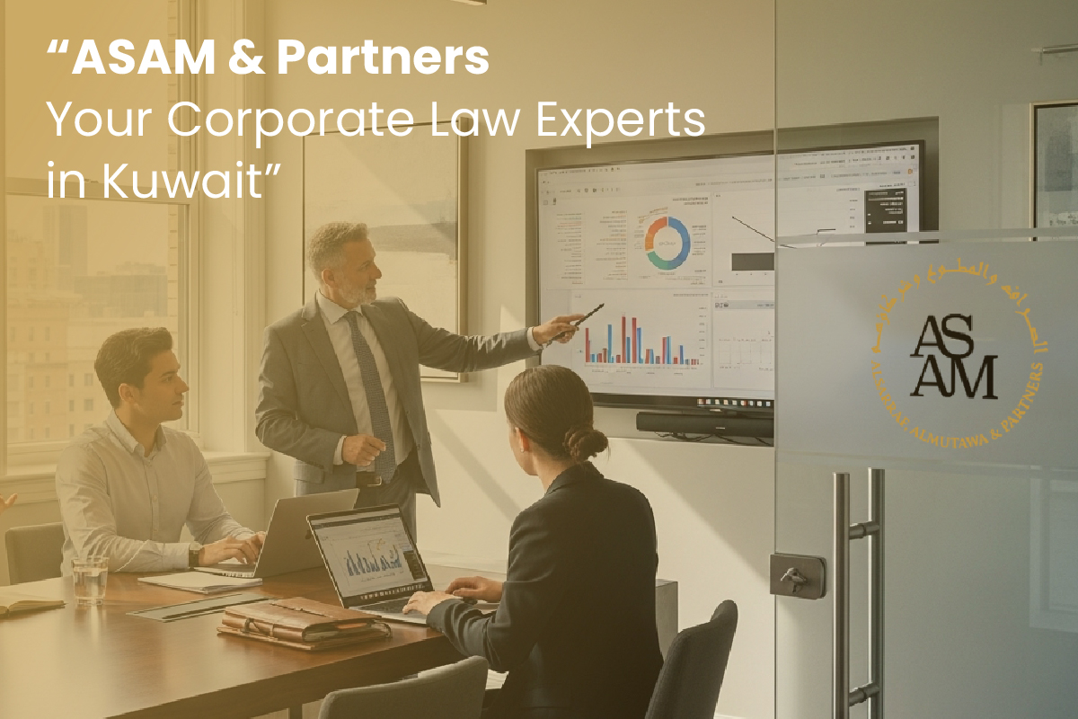 ASAM & Partners corporate law team in Kuwait discussing business legal strategies, with charts displayed on a presentation screen.