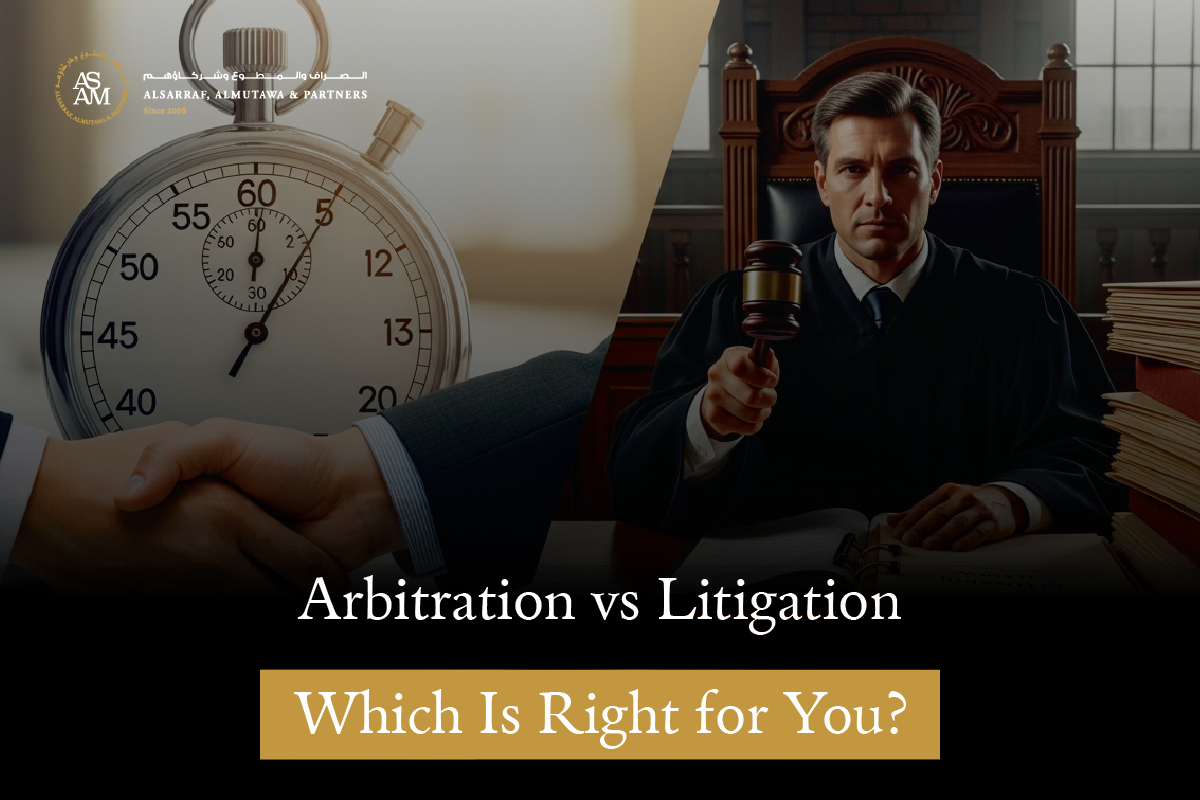 Comparison of arbitration and litigation with a stopwatch and judge, highlighting the question ‘Which is right for you?’ by AlSarar, AlMutawa & Partners law firm.