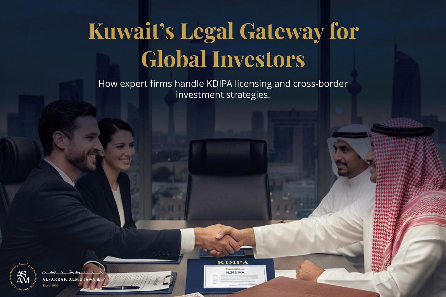 Asam Legal – facilitating KDIPA licensing and cross-border investments in Kuwait, shown through professionals sealing a business agreement.