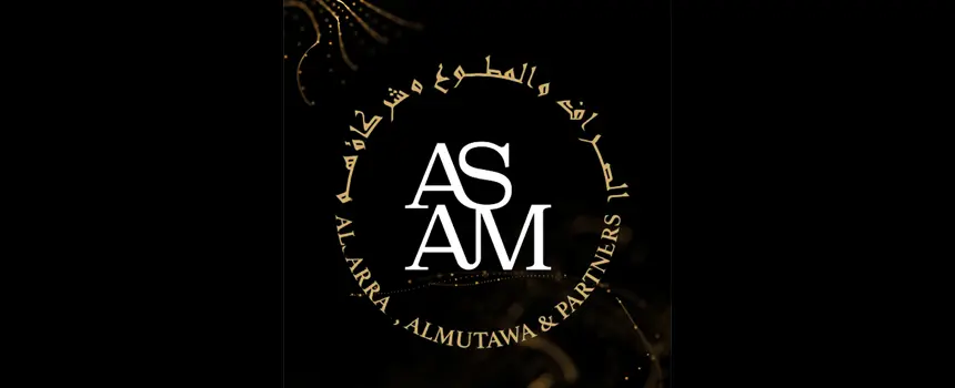 Logo of ASAM Legal, featuring the initials “ASAM” in white on a black background, encircled by gold Arabic and English text reading “Al Arraj, Almutawa & Partners,” with elegant gold accents.